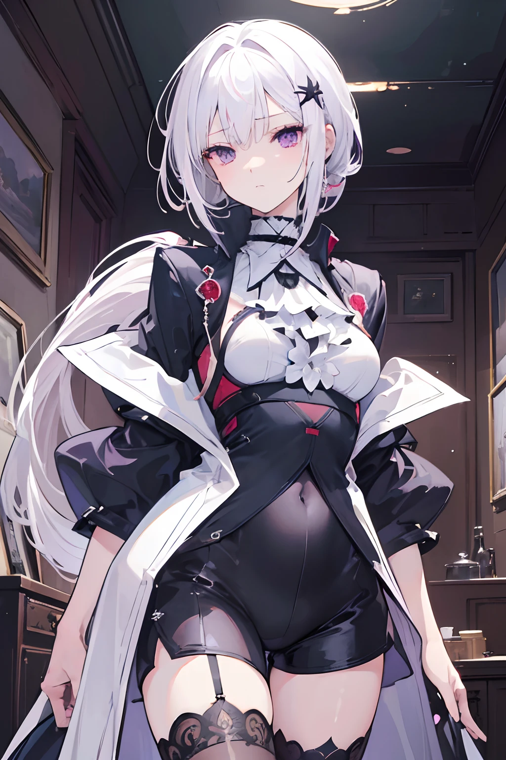 (best quality:1.3), (masterpiece:1.3), (illustration:1.3), (ultra-detailed:1.3), (imid shot:0.9), 1girl, medium breasts, purple eyes, (((white hair))), hair ornaments, young, outfit-gladiia, long hair, tied hair, indoors, black shorts, thigh-highs, low ponytail, expressionless, upper body, close up, coat