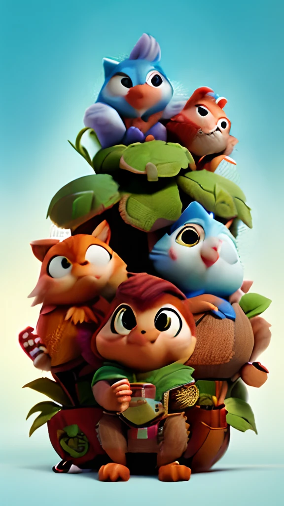 Create a vibrant and enchanting illustration for the cover of the children's book titled "Friends Unite: The Enchanted Forest Adventure." Feature the main characters, Oliver the Owl, Bella the Bunny, Sammy the Squirrel, and Terry the Turtle, on a magical quest through the Whispering Woods. Capture the essence of friendship, teamwork, and the mystical atmosphere of the enchanted forest. Highlight the moment when they discover the glowing Crystal of Harmony. Use lively colors and playful details to appeal to young readers