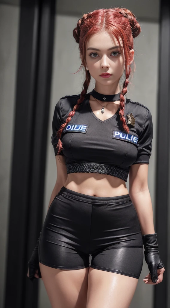 (8K, Masterpiece, RAW photo, Best quality, detail:1.3), (ultra realistic:1.4, scenary, 8K), Depth of field, Cinematic light, (ultra realistic face), (1 solo girl), (Beautiful and elegant Russian girl), (skinny girl:1.4), (European face:1.3), (full body:1.3), (tight black minitop:1.3), (small necklace, collarbone:1.1), (braided bun redhair:1.3), (ultra detailed skin:1.3), (tight gloves), (tight skinny minishorts:1.5), (black minishorts), (soft fabric minishorts), (police officer girl:1.6)