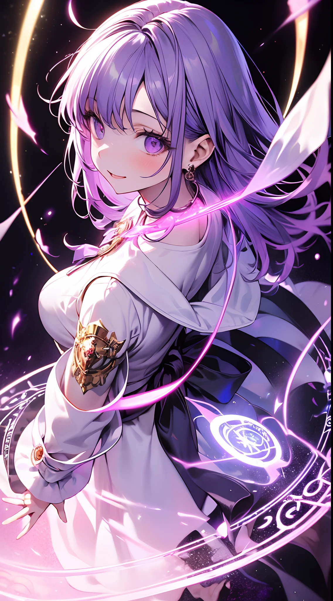 Absurdres,masutepiece, Best Quality, insanely detailed, 1 absolutely beautiful girl,Purple straight hair,Purple eyes,pale skin,white Blouse with ruffles,Black Long Coat,holding Long magic wand,(purple glowing magic circle on ground:1.2),colorful magic circles background,From above,Hyper realistic, Perfect Anatomy, Perfect five fingers