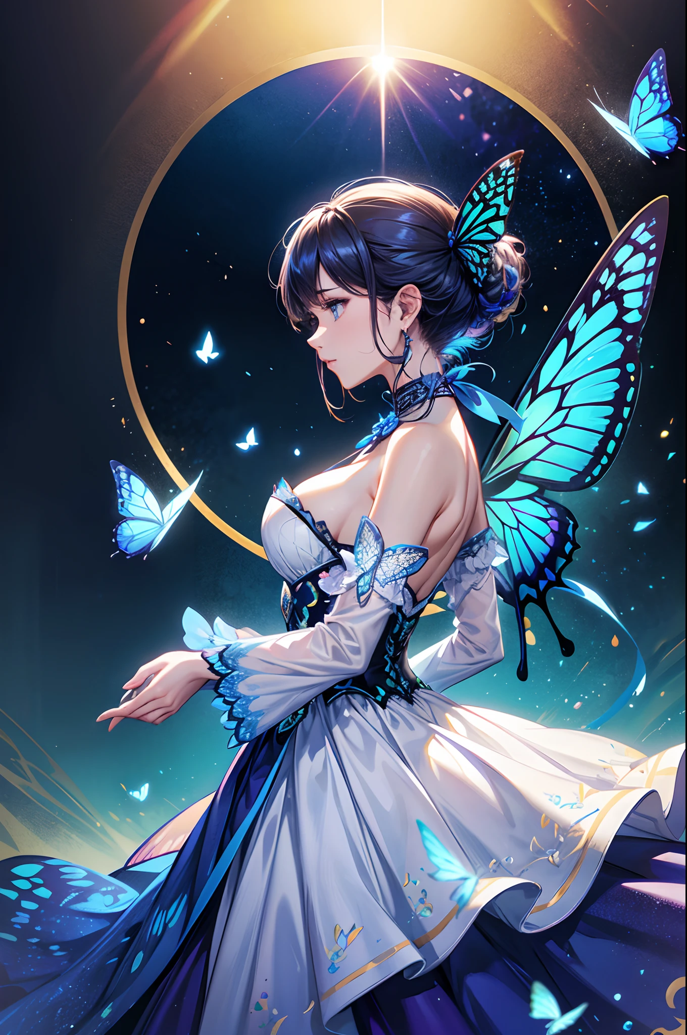 There was a woman in a dress surrounded by butterflies, Glowing blue butterfly, Butterflies float in the sky, Butterflies, author：Han Gan, Glowing butterflies, by Yang J, butterflies flying, personal profile picture, inspired by Ross Tran, loish and ross tran, Butterfly, author：Ju Chao, ethereal wings, Profile picture, By Li Song, Butterfly wings，Highest image quality，