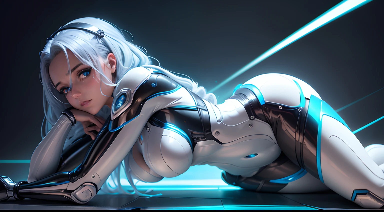 a robot woman, with an iridescent metal alloy body that reflects blue and silver hues. His torso is elegantly sculpted, Highlighting smooth curves and hinged panels. The human face is a masterpiece of engineering, com olhos que emanam uma luz suave e serena, Revealing an almost organic depth. The metallic skin has a finely etched texture, enquanto fios luminescentes percorrem suas extremidades, creating an intricate pattern that resembles a digital network. Cinematic lighting casts soft shadows, highlighting every detail, And your metallic hair cascades, refletindo nuances de cores conforme ela se move. The contrast between mechanical perfection and human expression creates a unique and intriguing presence. Corpo inteiro. Imagem ampla