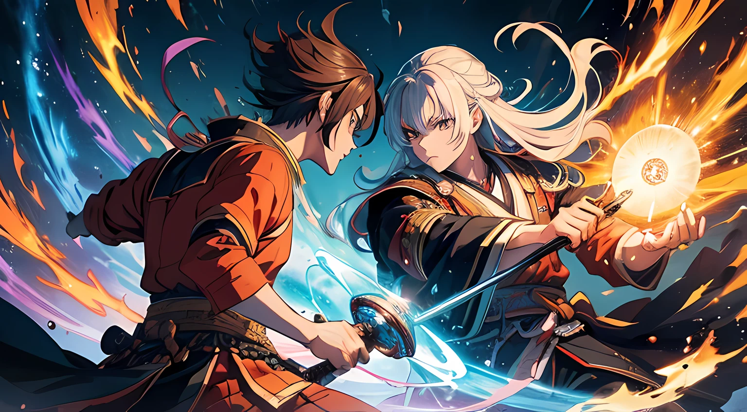 (2 man) historic samurai duel, (highly detailed, eyes finely detailed), (half body:0.6), battle with magical aura, magical particles, magical atmosphere, colorful swirling portal, dark magic, masterpiece, high-resolution, masterpiece, top-quality, detailed, High resolution illustration.