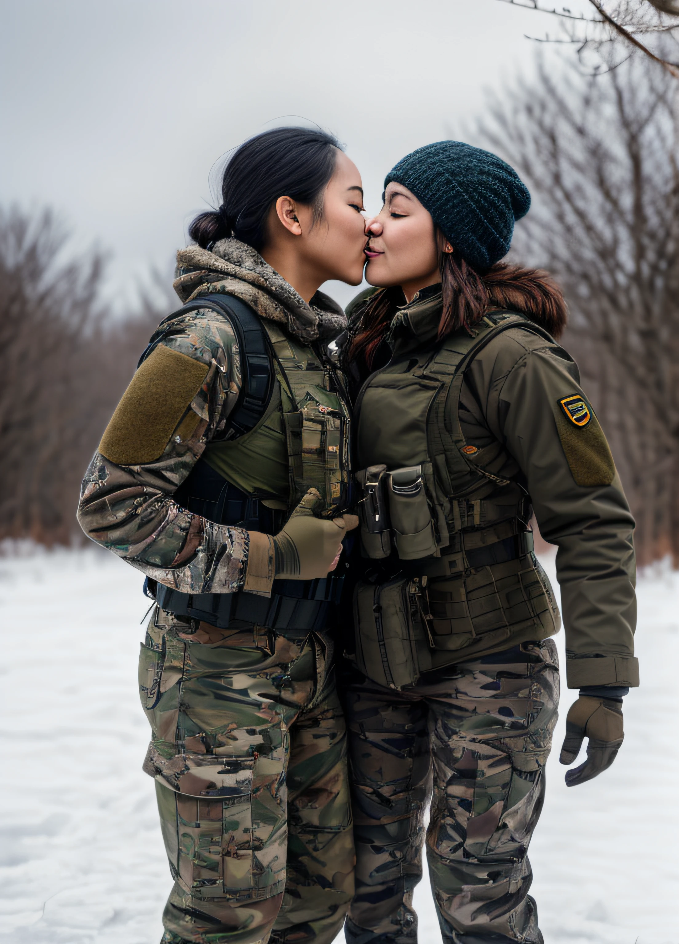 (photorealistic), beautiful lighting, best quality, realistic, full body portrait, real picture, intricate details, depth of field, 2 girls lesbian kissing and feeling breasts and ass and crotch, Filipino woman, 24-years-old, in a cold snowstorm, a wings, A very muscular solider girl with haircut, wearing winter camo military fatigues, peeing in fatigues trousers, camo plate carrier rig, combat gloves, (magazin pouches), (kneepads), highly-detailed, perfect face, hazel eyes, lips, wide hips, small waist, tall, make up, tacticool, Fujifilm XT3, outdoors, bright day, Beautiful lighting, RAW photo, 8k uhd, film grain, ((bokeh))