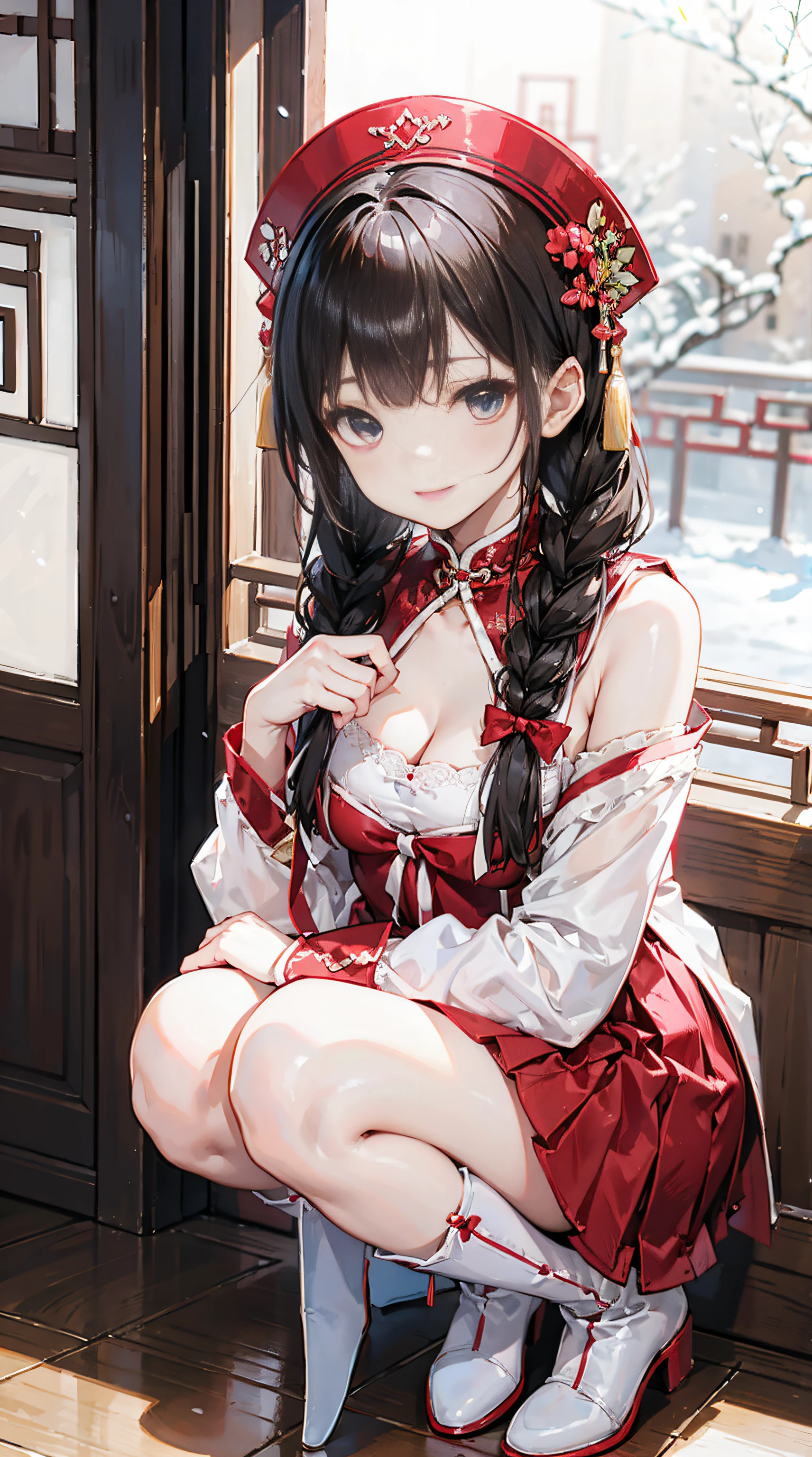 (film portrait photography, 1girll, Beautiful 2D wallpapers,exposed bare shoulders:1.5,shadowing:1.4)(depth of fields, Bokeh,smallunderboob,鎖骨:1.5,Crystal eyes)(15year old,Cute ancient Chinese girl:1.6,Lori huge breasts cleavage,watch audience,Detailed snow)(Be red in the face:1.5,Sexy waist-hip ratio,Smile shyly,Small red lips:1.4,eye shadows:1.2,Red gorgeous long-sleeved Hanfu short skirt:1.5,Wear a red bow:1.4,white long boots,Twist braids:1.4 ,French bangs,Chinese Ancient Architecture,The wind blows the hair:1.4)(Leaning against the backyard door,Ancient wind,heavy snowy)