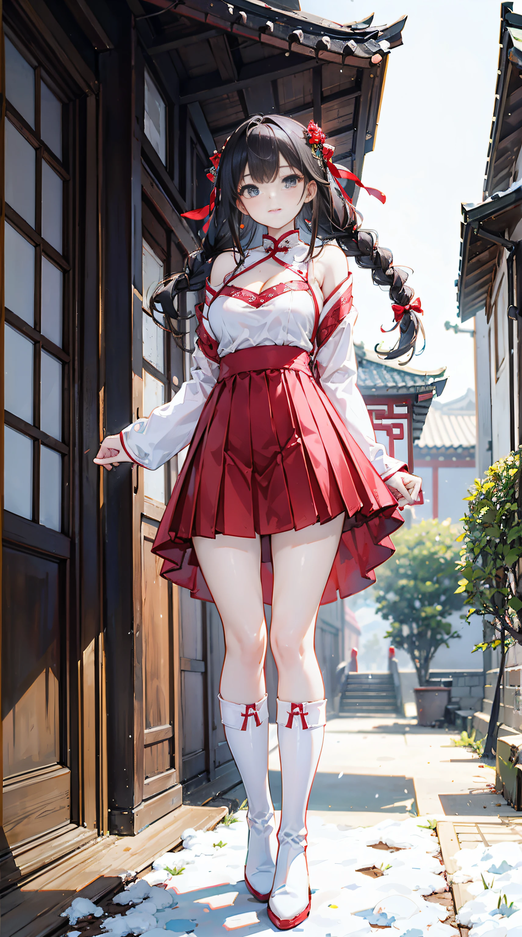 (film portrait photography, 1girll, Beautiful 2D wallpapers,exposed bare shoulders:1.5,shadowing:1.4)(depth of fields, Bokeh,smallunderboob,鎖骨:1.5,Crystal eyes)(15year old,Cute ancient Chinese girl:1.6,Lori huge breasts cleavage,watch audience,Detailed snow)(Be red in the face:1.5,Sexy waist-hip ratio,Smile shyly,Small red lips:1.4,eye shadows:1.2,Red gorgeous long-sleeved Hanfu short skirt:1.5,Wear a red bow:1.4,white long boots,Twist braids:1.4 ,French bangs,Chinese Ancient Architecture,The wind blows the hair:1.4)(Leaning against the backyard door,Ancient wind,heavy snowy)