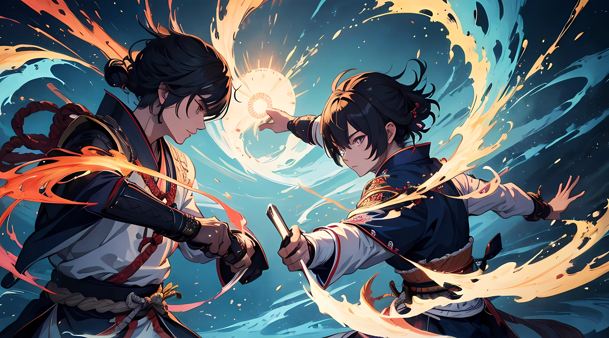 (2 man) historic samurai duel, (highly detailed, eyes finely detailed), (half body:0.6), battle with magical aura, magical particles, magical atmosphere, colorful swirling portal, dark magic, masterpiece, high-resolution, masterpiece, top-quality, detailed, High resolution illustration.