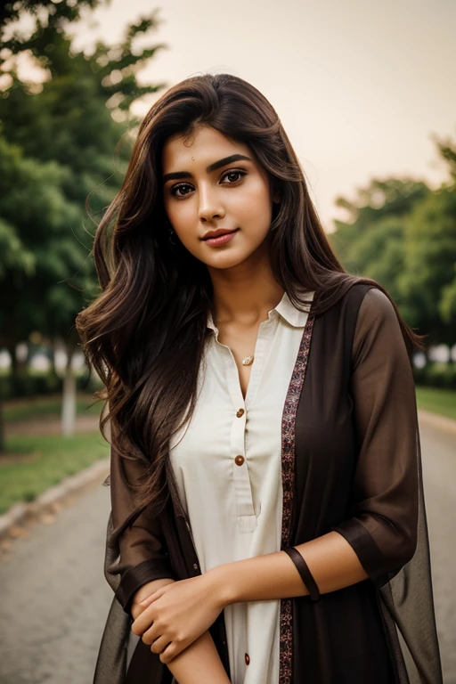 Beautiful ,23 years young girl,confident looking,8k,realistic,dark brown hair,fair skin, indian,long hair,clear facial features, wearing dupatta and kurti, playing with haris