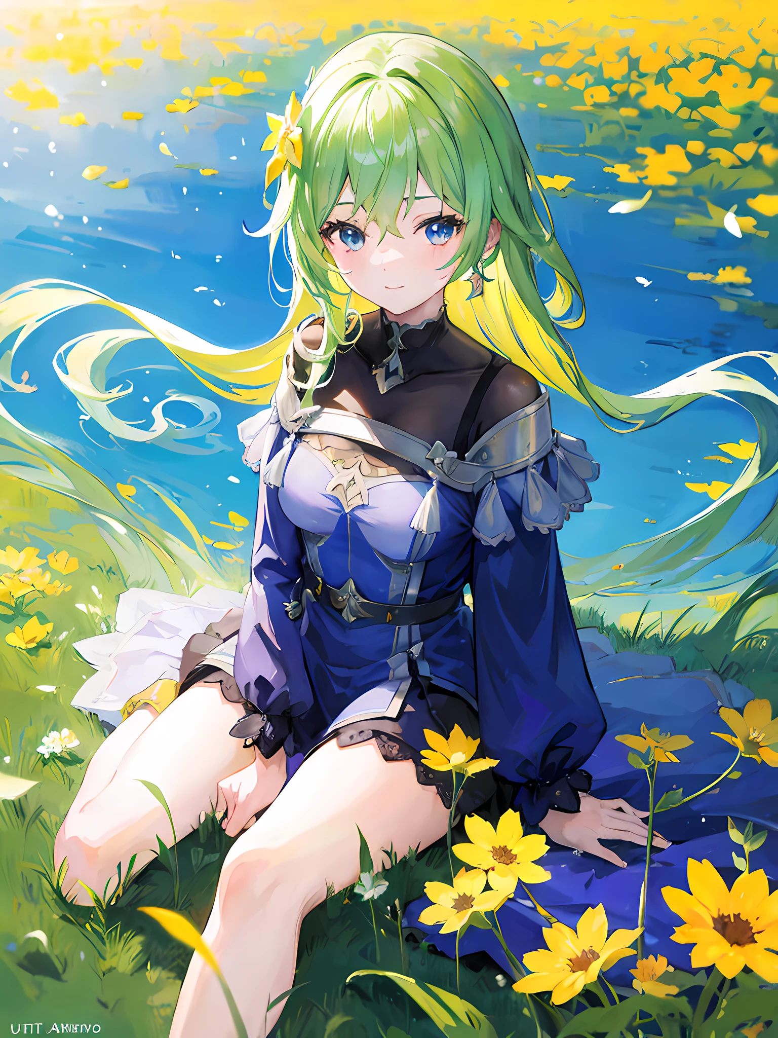 anime girl sitting in a flowers field, clear blue sky, beautiful sunlight, blowing wind, (1girl), smile, beautiful anime artwork, ultrasharp, masterpiece, high res, 8k