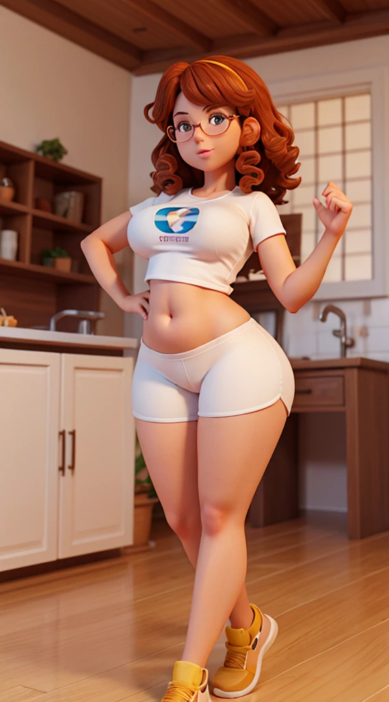 Nerd girl with confident and humble appearance. wearing a low-cut, transparent white t-shirt with her belly exposed and tight, skin-tight shorts. Her body is perfect, her breasts are large and proportionate to her body, her shapely legs and her buttocks are large and on display. Colored curly hair with a natural fit. vibrant golden eyes environment of a humble house in Brazil pose and in ultra quality 3D format