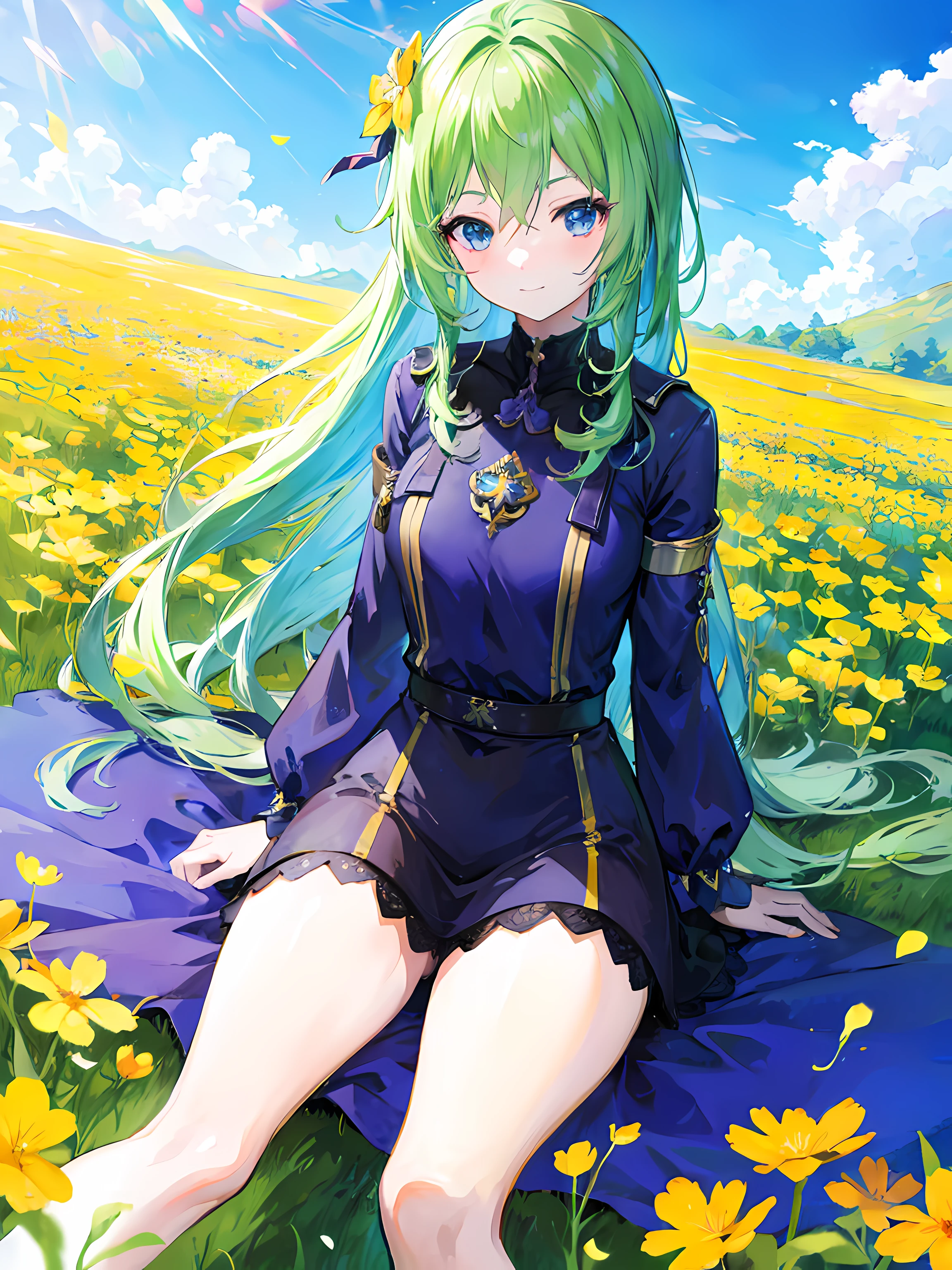 anime girl sitting in a flowers field, clear blue sky, beautiful sunlight, blowing wind, (1girl),  smile, beautiful anime artwork, ultrasharp, masterpiece, high res, 8k