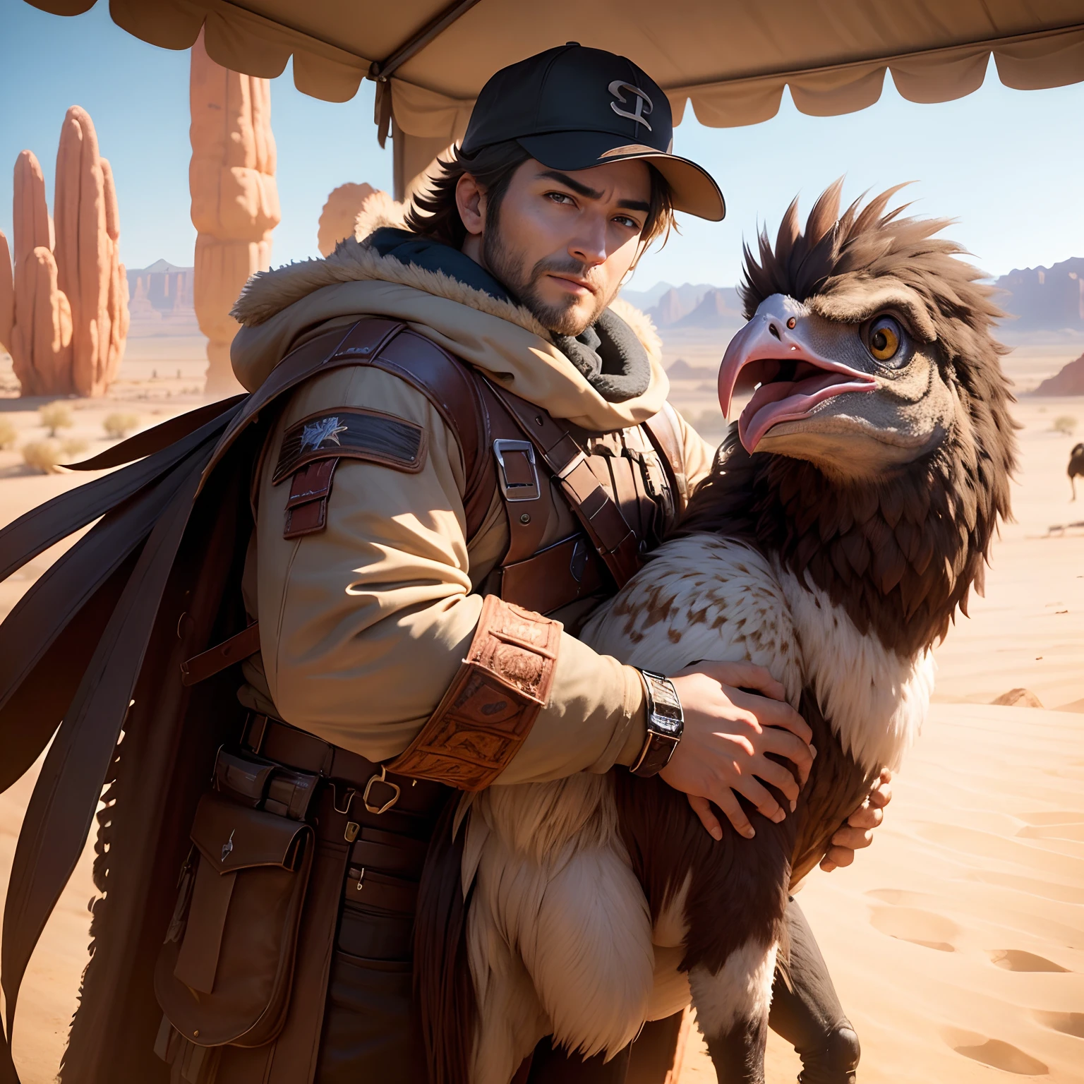 超A high resolution、An ultra-high picture quality、8K、Detailed details、marvelous expression、1 male、Ride a big ostrich monster、Monster Hunter Character Costumes、Has a big ax、Vast desert background、