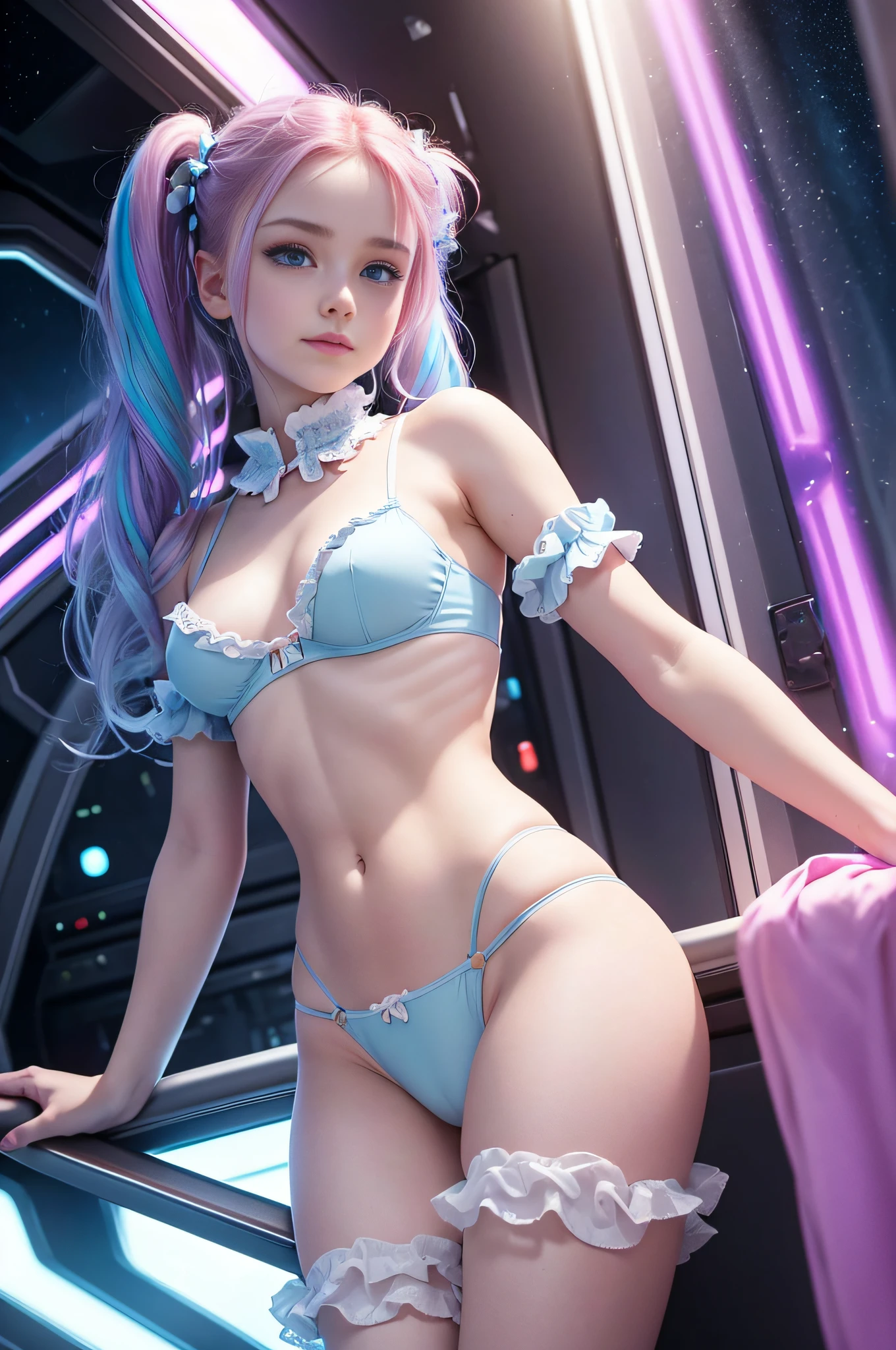 1 girl, solo, (nsfw), cute redhead 18-year-old girl in twin tails, ((perfect female body)), (perfect textured skin) multiple (rainbow colored hair: 1.2), ((beautiful detailed blue eyes: 1.6)), (photo realistic eyes: 1.6), happy, smiling, cute attitude, Ukrainian, (petite body), ((small hips)), (cowboy shot:1.2), (goth white pale skin: 1.2), wearing a pastel blue nightgown, frilly night dress, Waiting to go to bed, pillow in her hand, ribbons in her hair, frilly panties and bra, ((sheer: 1.6)) ((camel toe: 1.6)), frilly, matte pantyhose, night time, standing in a space ship, she is in a space ship, futuristic, dark lighting, neon lighting, cyber punk, photo realistic.