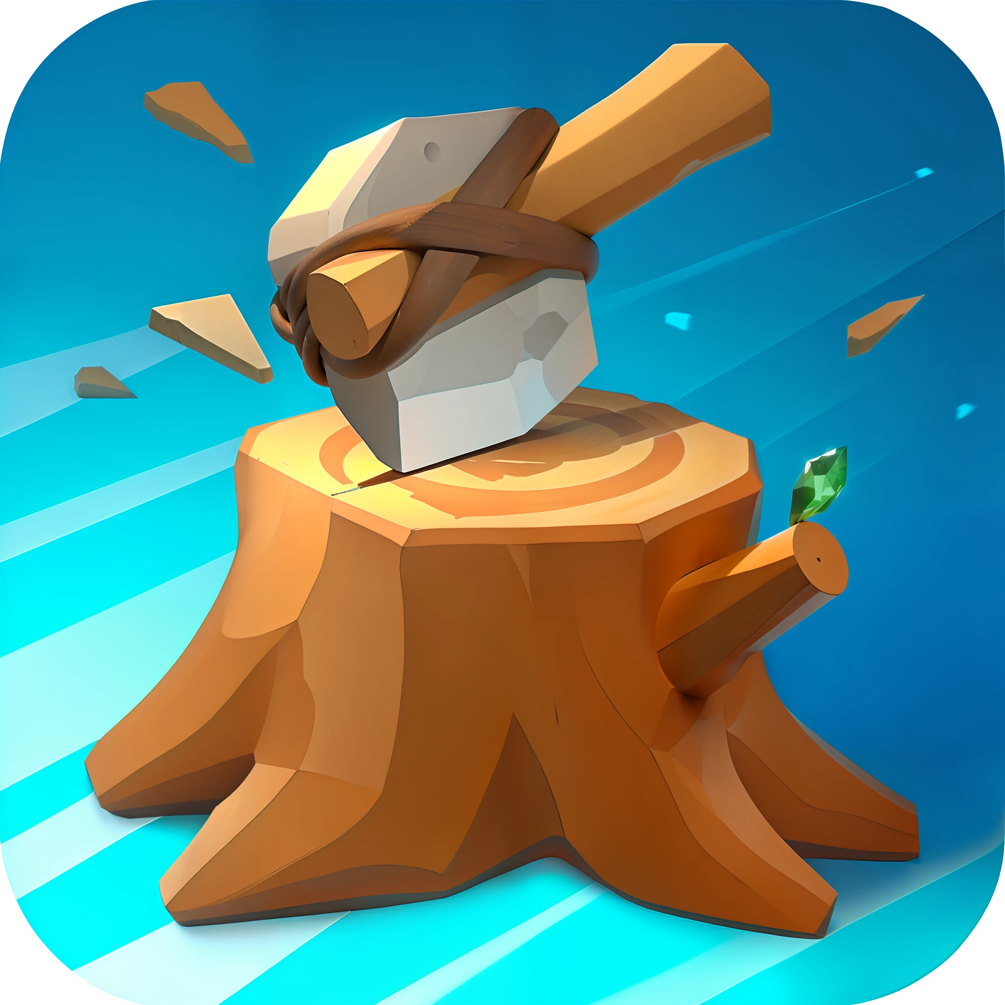 (Masterpiece, Top quality,Best quality, offcial art, Beautiful beauty :1.2),(8K, Best quality, Masterpiece :1.2),A stone axe was chopped on a tree stump, blue backdrop, A rope ties the stone and wood together