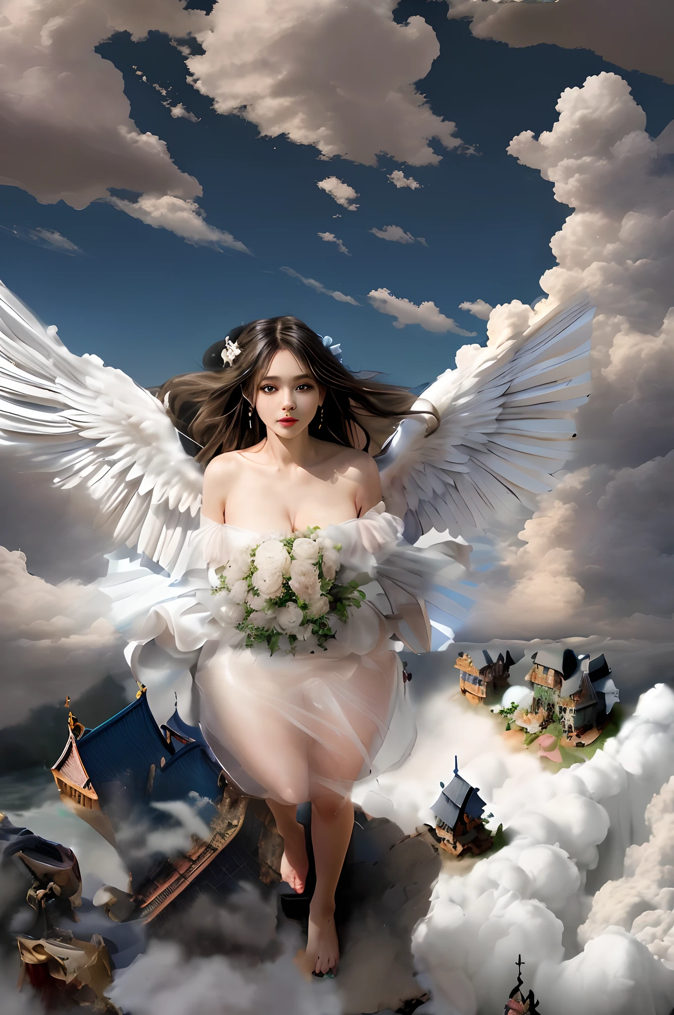 Angles from the air、Flying Angel、Whole body、8K、realphoto、超A high resolution, Master Parts, Best Quality, nffsw , cinematic images,Lovely girl、ann、16years old、Anglo-Saxon、Green eyes、二重まぶた、very droopy eyes、(very, Very big eyes:1.8)、Dark eye shadow、The lips are very thin、The tip of the nose stretches beautifully.、the tip of the nose is small,,,,, ighly detailed , Dark gold hair、Straight hair、Very Smile、 Sweet look 、a very beautiful woman、legs are long、 Very clear shadows , jewely , A detailed eye, very intricate, shiny skins , Perfect Brilliant, Perfect Lighting, Dramatic shadows ,White tiara on head、Greek see-through white dress、The back of the dress is wide open、Small angel wings on the back of the shoulders、The chest and waist of the dress are white lace、Underneath the dress is a white miniskirt、Lace white gloves、holding a bouquet of white flowers with both hands、White see-through veil from the back of the head、Silver necklace around the neck、
