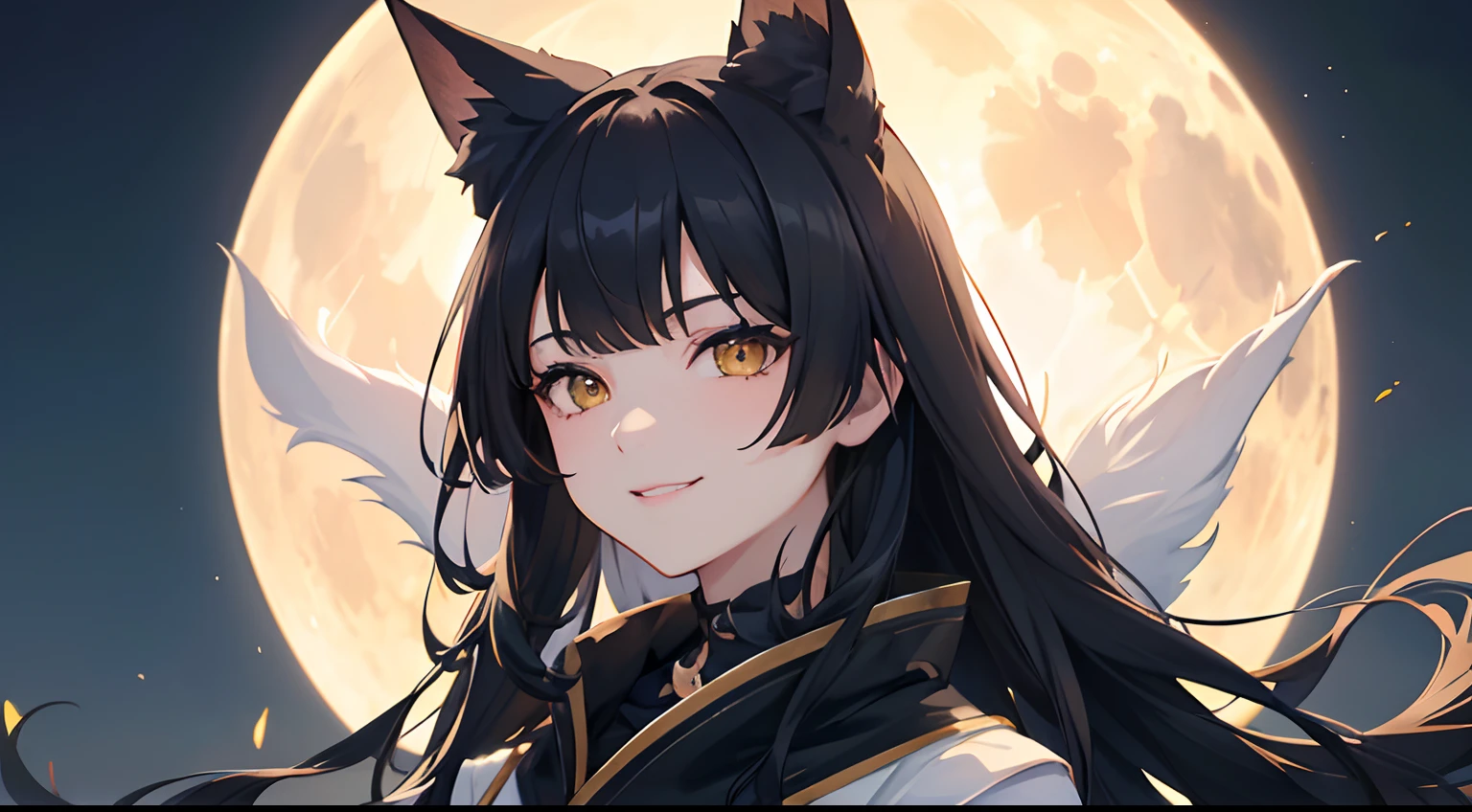 masterpiece, best quality, 1girl, black hair, ,yellow eyes, kitsune, fox ears, moon background, big moon, smiling, detailed eyes, detailed facial features, realistic and high resolution (best quality, 4k, 8k, highres, masterpiece:1.2)