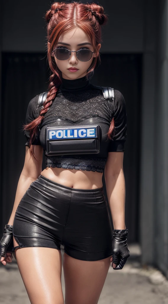 (8K, Masterpiece, RAW photo, Best quality, detail:1.3), (ultra realistic:1.4, scenary, 8K), Depth of field, Cinematic light, (ultra realistic face), (1 solo girl), (Beautiful and elegant Russian girl), (skinny girl:1.4), (European face:1.3), (full body:1.3), (tight black minitop:1.3), (small necklace, collarbone:1.1), (braided bun redhair:1.3), (ultra detailed skin:1.3), (tight gloves), (tight skinny minishorts:1.5), (black minishorts), (soft fabric minishorts), (police officer girl:1.6), (girl with transparent glasses and book:1.2), (tactical boots:1.3), (tactical outfit)
