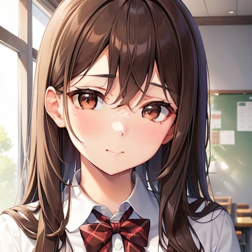 A pretty lady with long brown and brown eyes, giving a pure and good girl vibe, looking at you with a shyly, school, modern era, close up.