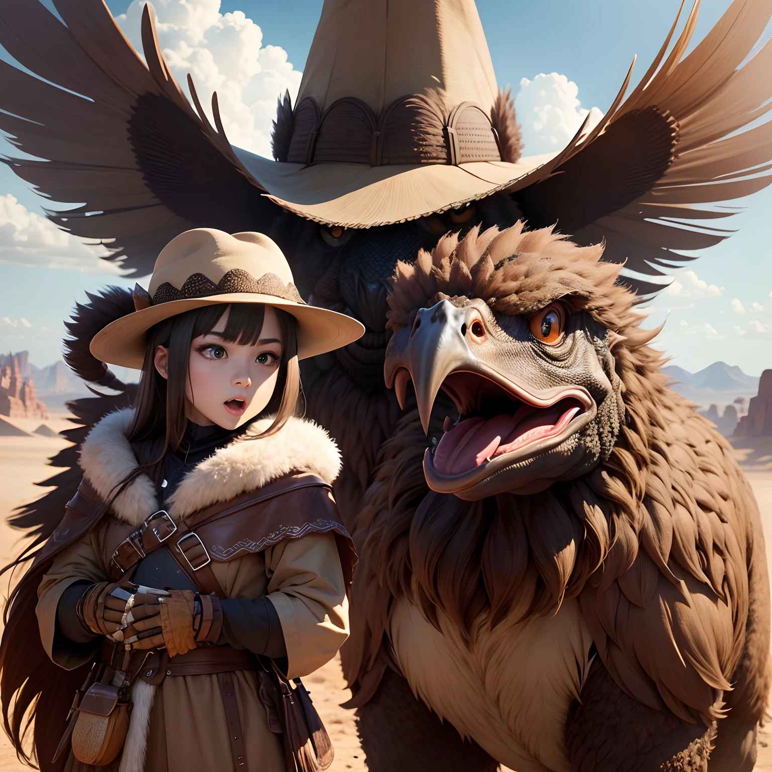 超A high resolution、An ultra-high picture quality、8K、Detailed details、marvelous expression、1 male、Big ostrich monster is your buddy、Monster Hunter Character Costumes、Has a big ax、Vast desert background、