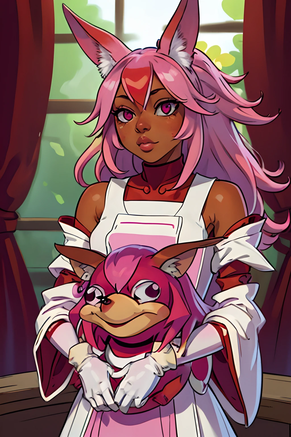 Highly detailed, High Quality, Masterpiece, beautiful, UgandaKnuckles, red skin, white gloves, yae miko holding UgandaKnuckles, yae miko, pink eyes, long hair, pink hair, animal ears,