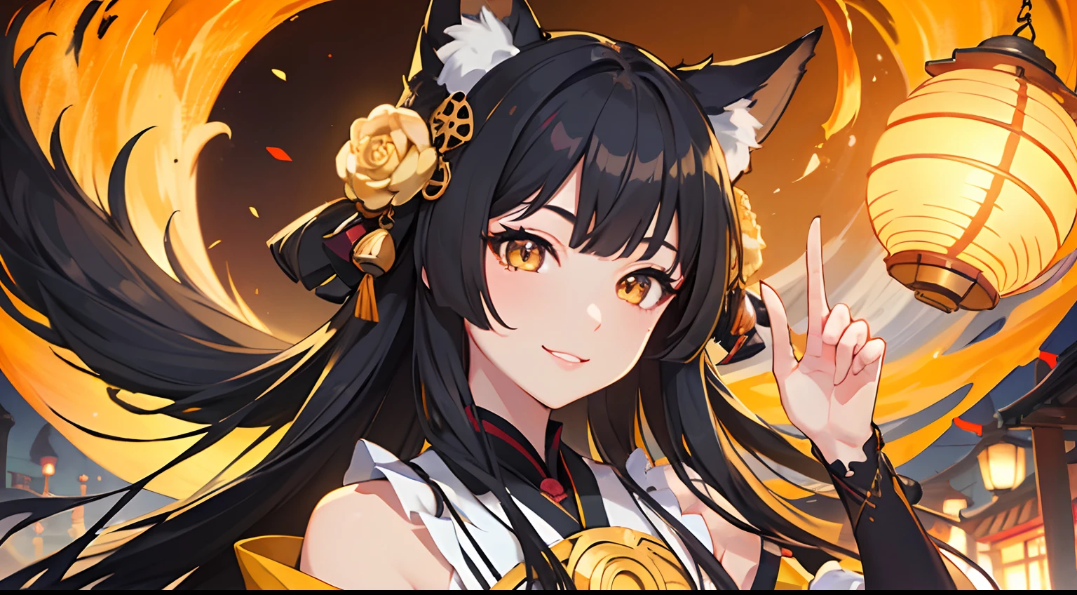 masterpiece, best quality, 1girl, black hair, ,yellow eyes, kitsune, fox ears, matsuri, lantern, smiling, detailed eyes, detailed facial features, realistic and high resolution (best quality, 4k, 8k, highres, masterpiece:1.2)