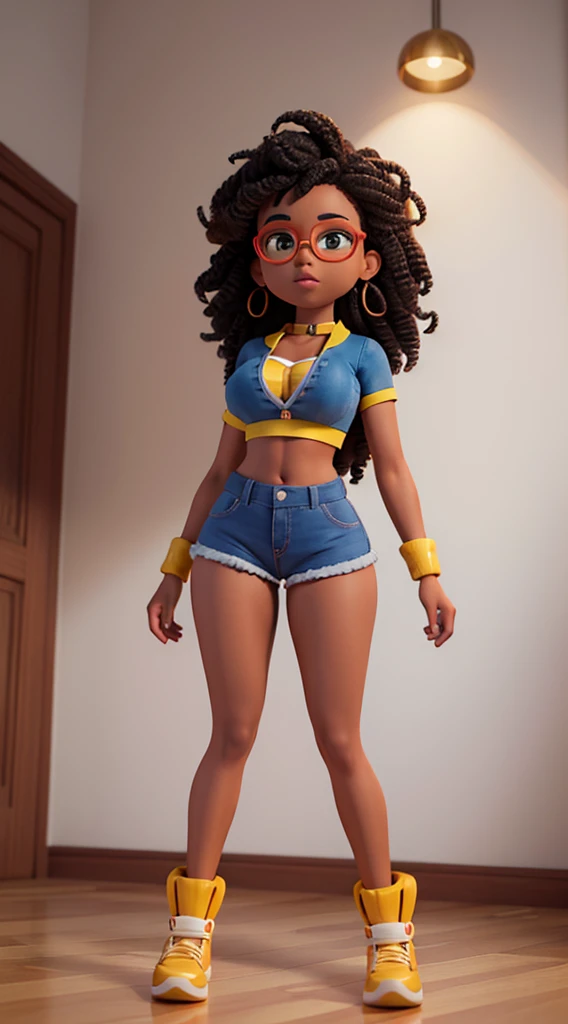 Nerd black girl with cleavage and confident and humble appearance. wearing a crop top with her midriff exposed and tight, tight shorts. Her body is perfect, her breasts are large and proportionate to her body, her legs are shapely and her buttocks are large and exposed. Colorful curly hair with a natural fit. Vibrant golden-eyed environment of a humble home in Brazil in ultra-quality 3D format