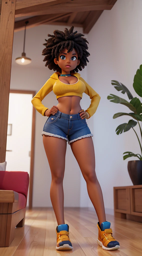 Nerd black girl with cleavage and confident and humble appearance. wearing a crop top with her midriff exposed and tight, tight shorts. Her body is perfect, her breasts are large and proportionate to her body, her legs are shapely and her buttocks are large and exposed. Colorful curly hair with a natural fit. Vibrant golden-eyed environment of a humble home in Brazil in ultra-quality 3D format