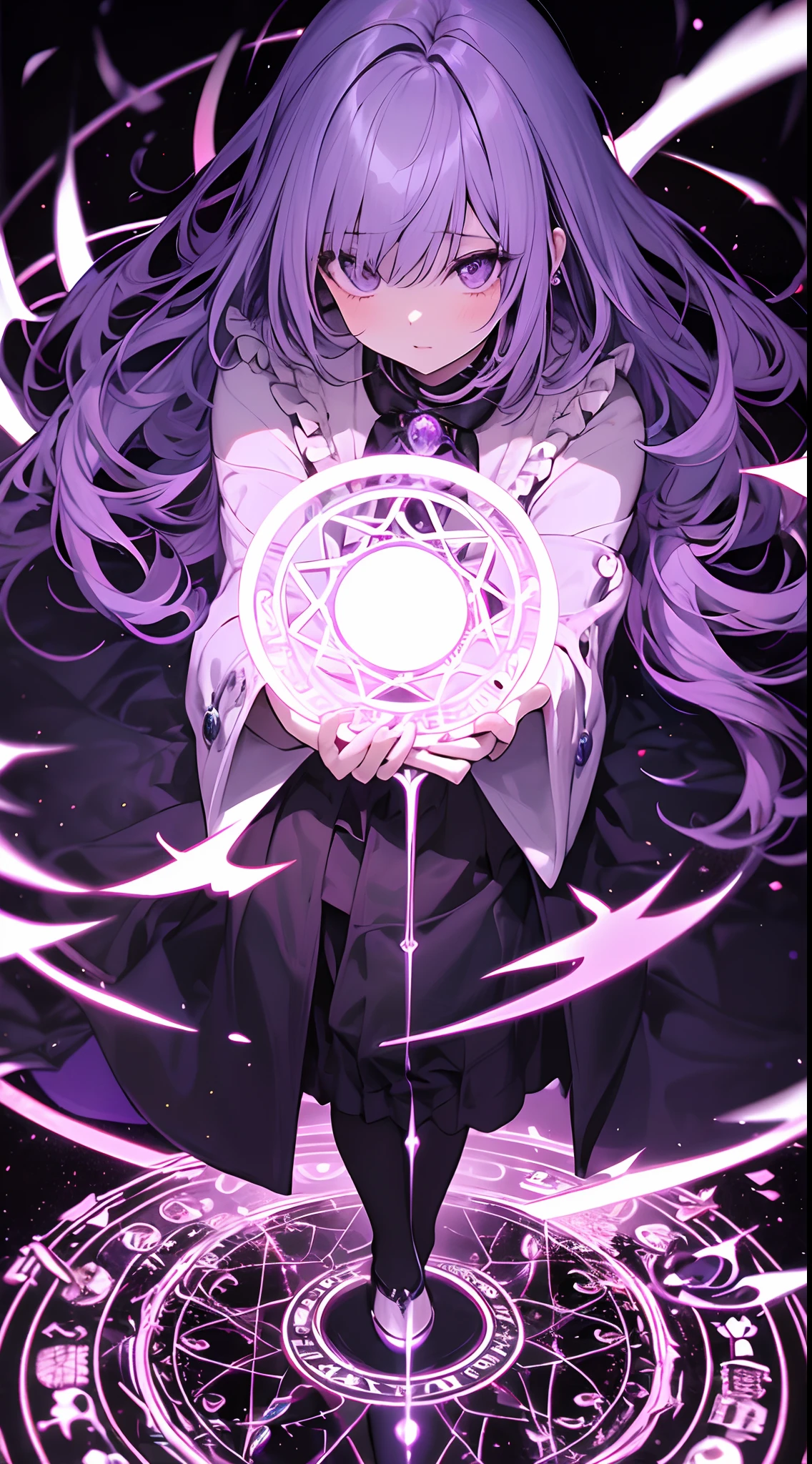 Absurdres,masutepiece, Best Quality, insanely detailed, 1 absolutely beautiful girl,Purple straight hair,Purple eyes,pale skin,white Blouse with ruffles,Black Long Coat,holding Long magic wand,(purple glowing magic circle on ground:1.2),colorful magic circles background,From above,Hyper realistic, Perfect Anatomy, Perfect five fingers