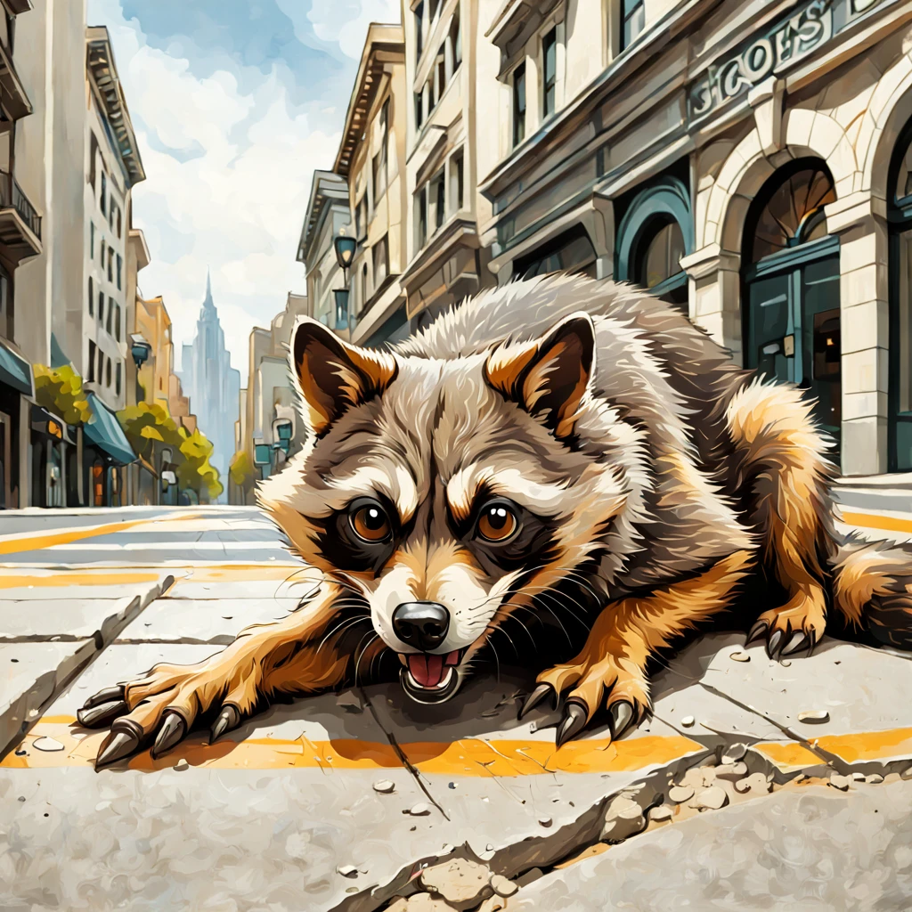 Raccon Dog claws dug into the concrete as it causes a earthquake, in art nouveau art style, masterpiece, best quality, background cityscape