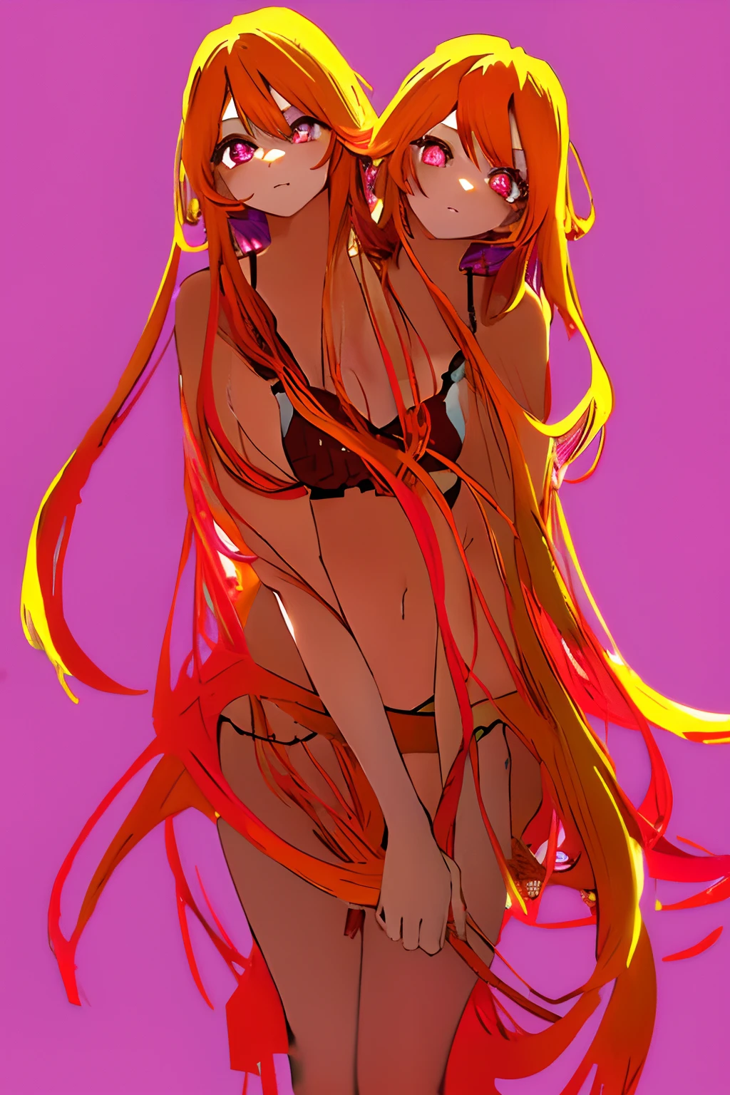 (masterpiece, best quality), best resolution, (2heads:1.5), 1girl, star-shaped pupils in left eye, orange hair, long hair, pink eyes, multicolored bikini, blonde, bangs, multicolored hair, (simple background:1.4)