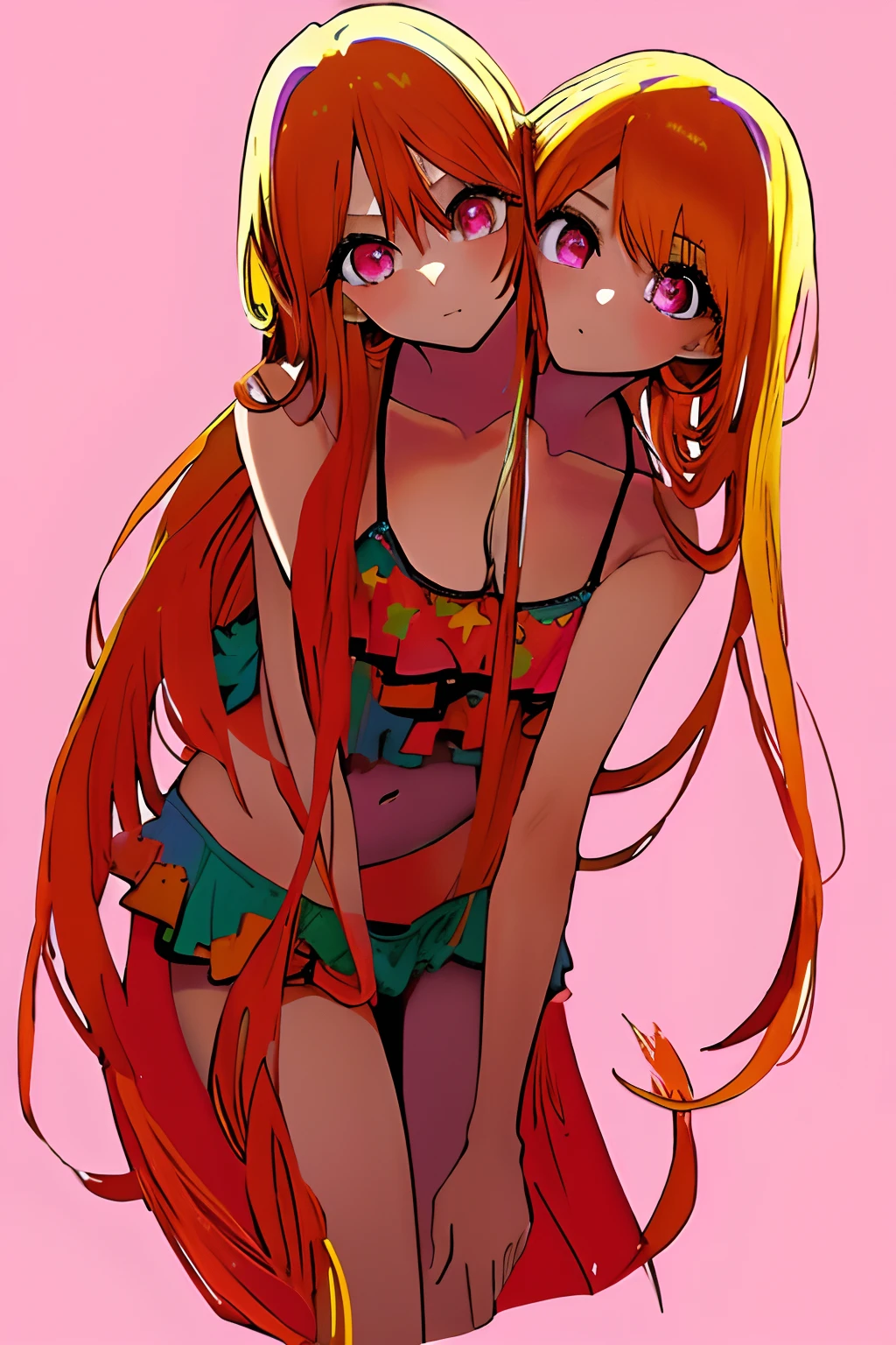 (masterpiece, best quality), best resolution, (2heads:1.5), 1girl, star-shaped pupils in left eye, orange hair, long hair, pink eyes, multicolored bikini, blonde, bangs, multicolored hair, (simple background:1.4)