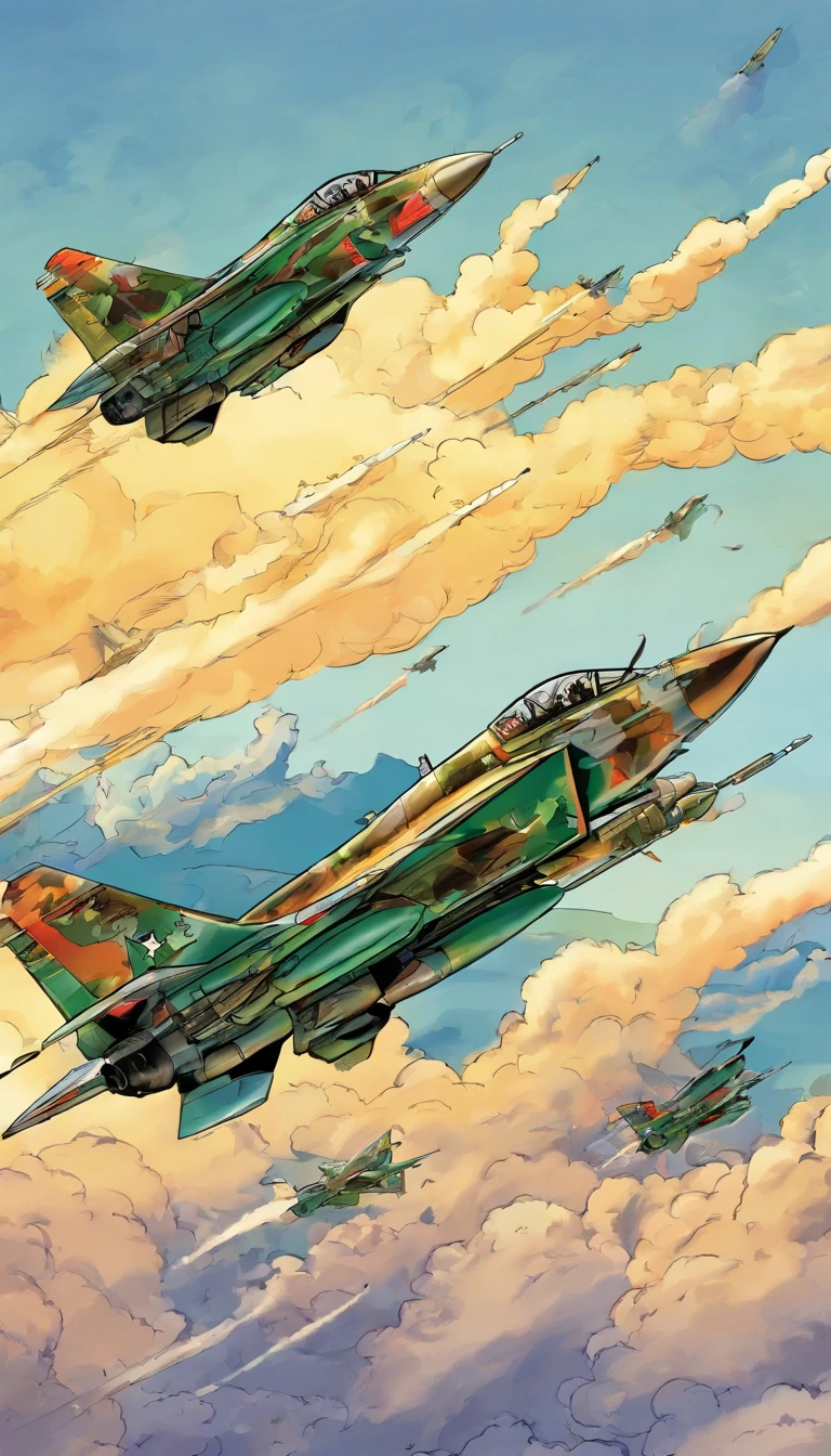 Three realistic fighter jets are flying。