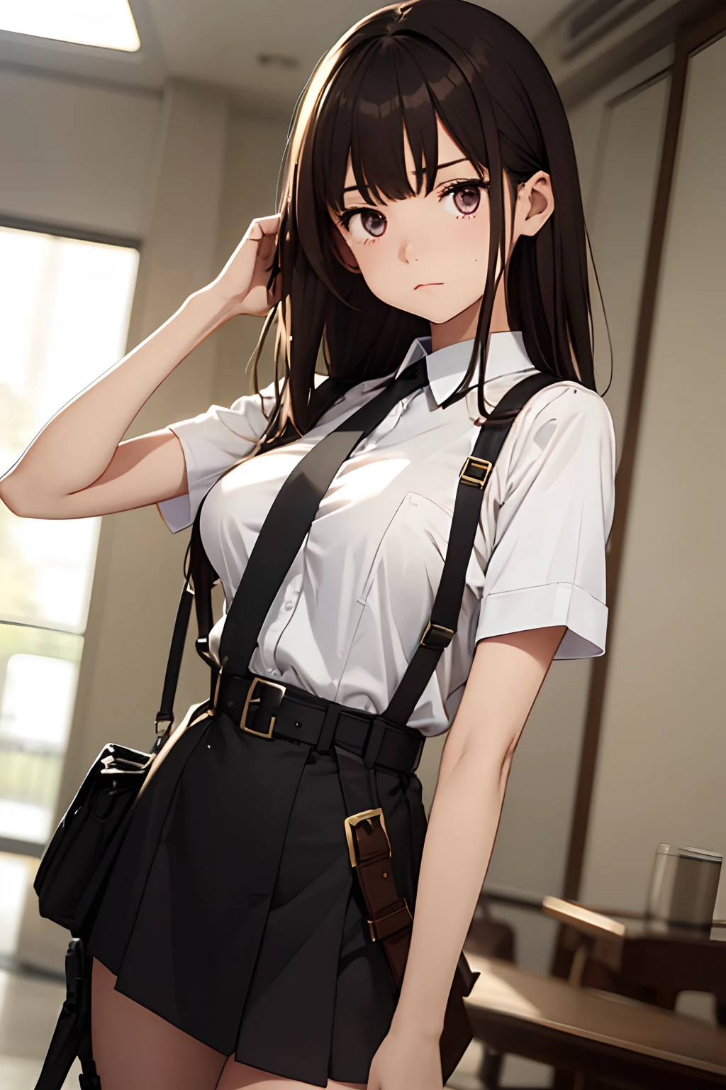 masterpiece、flat-colors、depth of fields、lens flare 1 girl、、Brown hair、watching at viewers black suspenders bulging big breasts Armpit sweat perspiring Side of both hands walls: Black miniskirt garterbelts Gaze Small face Bangs Upper Eyes flank Rat-colored eyes holster a belt