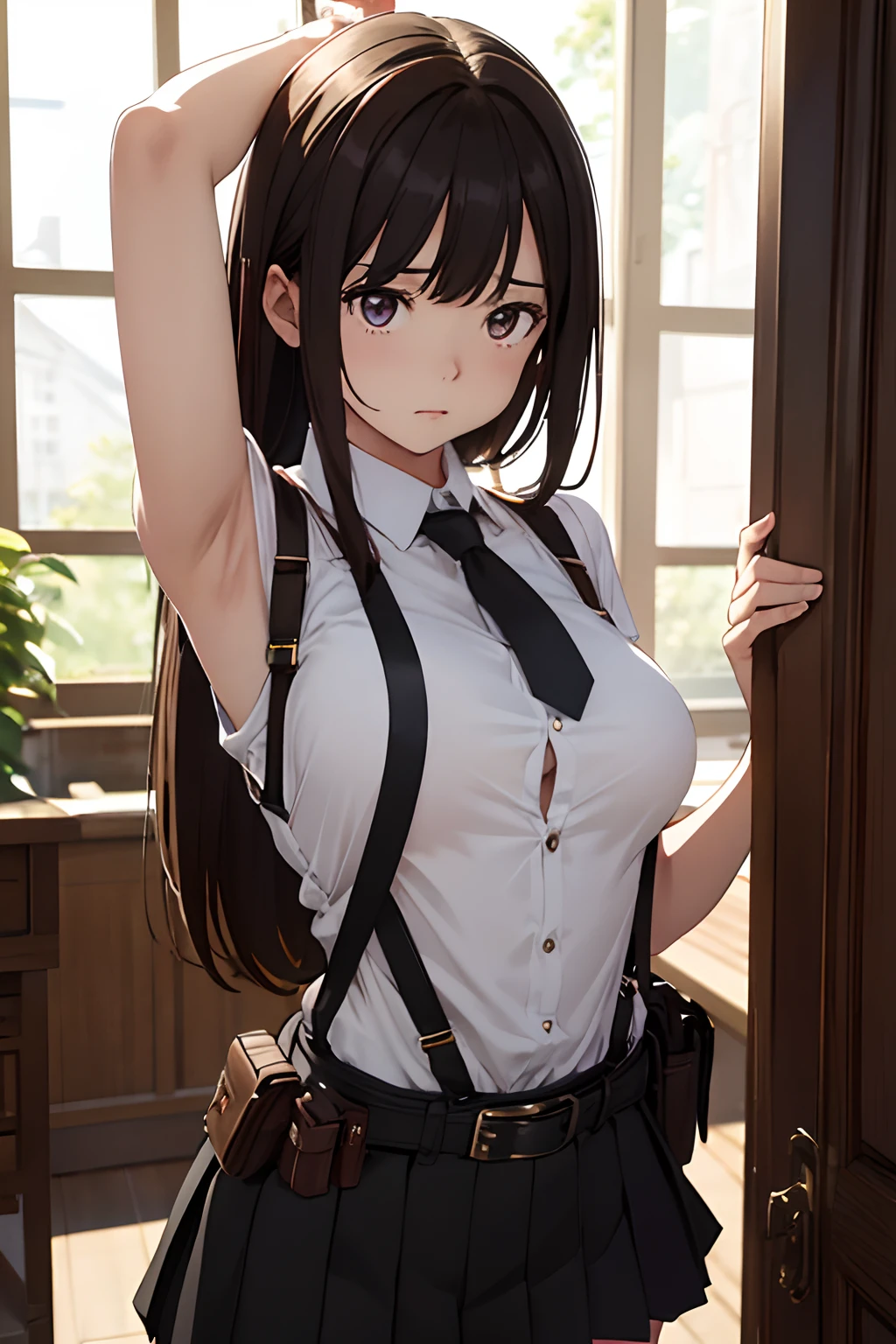 masterpiece、flat-colors、depth of fields、lens flare 1 girl、、Brown hair、watching at viewers black suspenders bulging big breasts Armpit sweat perspiring Side of both hands walls: Black miniskirt garterbelts Gaze Small face Bangs Upper Eyes flank Rat-colored eyes holster a belt