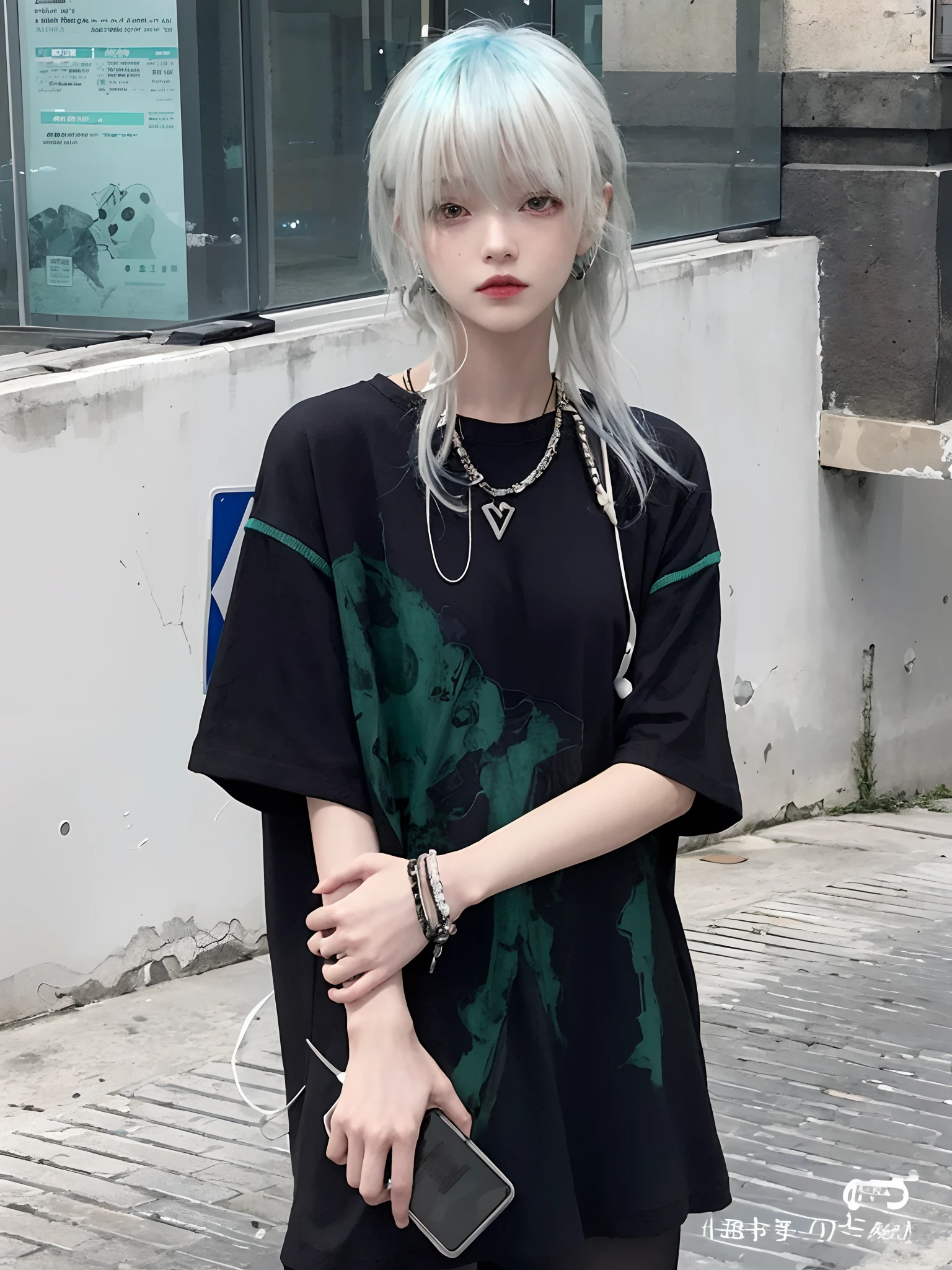 Femme aferrée aux cheveux bleus et à la chemise noire debout sur un trottoir, Porter du streetwear cyberpunk, Ulzzang, Elle porte du streetwear, Cyberpunk Streetwear, streetwear japonais, Ulzzang mâle, aux cheveux longs blancs, Cai Xukun, Cruelle fille gothique coréenne, Porter des vêtements technologiques japonais, 1 7 ans - Fille gothique d’anime, Tous les vêtements cyberpunk noirs