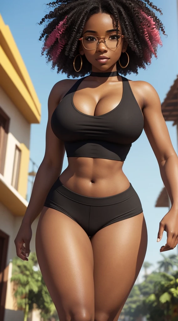 Nerd black girl with cleavage and confident and humble appearance. wearing a crop top with her midriff exposed and tight, tight shorts. Her body is perfect, her breasts are large and proportionate to her body, her legs are shapely and her buttocks are large and exposed. Colorful curly hair with a natural fit. Vibrant golden-eyed environment of a humble home in Brazil in ultra-quality 3D format