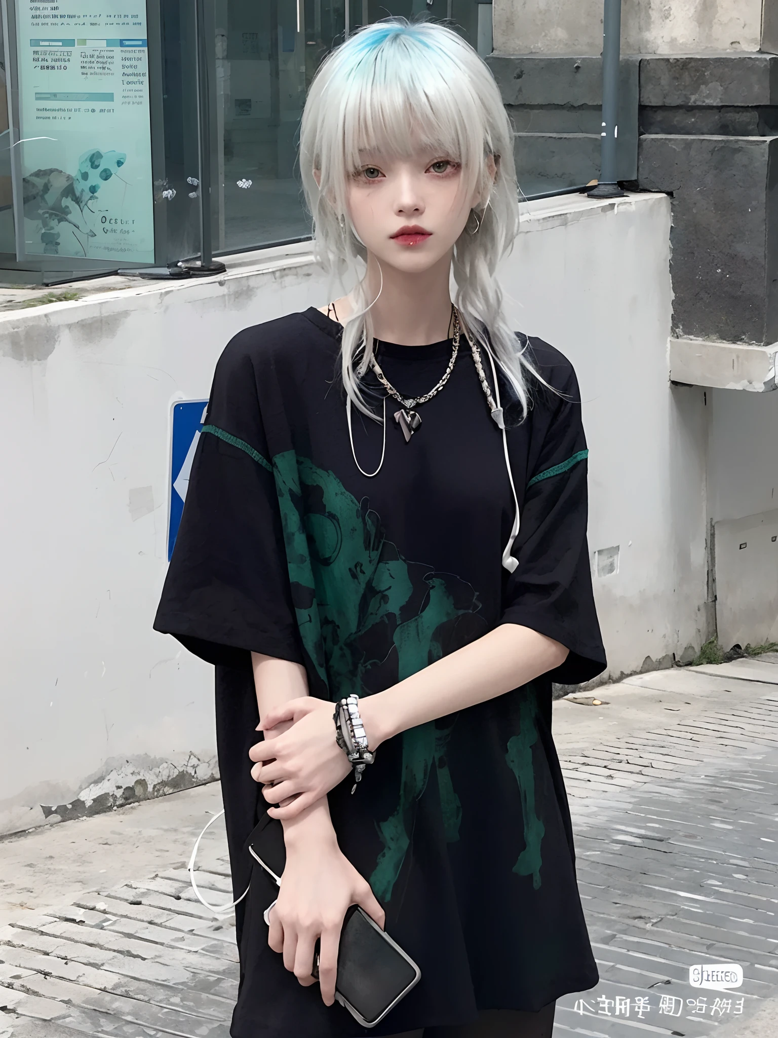 Femme aferrée aux cheveux bleus et à la chemise noire debout sur un trottoir, Porter du streetwear cyberpunk, Ulzzang, Elle porte du streetwear, Cyberpunk Streetwear, streetwear japonais, Ulzzang mâle, aux cheveux longs blancs, Cai Xukun, Cruelle fille gothique coréenne, Porter des vêtements technologiques japonais, 1 7 ans - Fille gothique d’anime, Tous les vêtements cyberpunk noirs