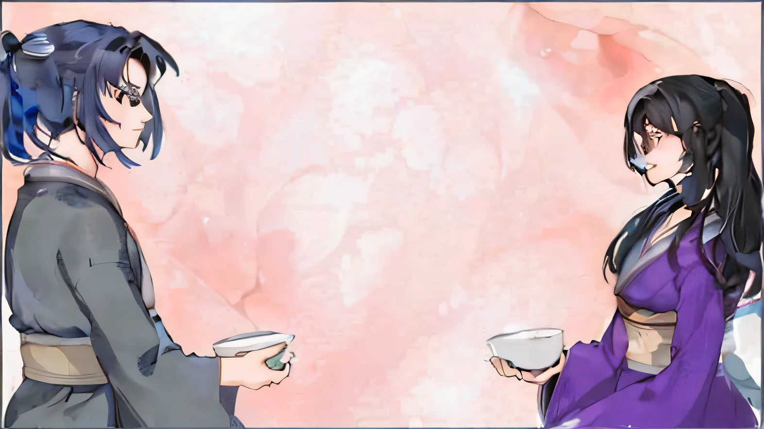 Two people in kimono eat face-to-face. The boy on the left has a blue ponytail, and the girl on the right has long black hair. The two smiled at each other, sideways, sideways. Japanese anime style， super detail, accurate, best quality， negative space, from the side, bokeh, depth of field, sparkle， masterpiece, high details, high-res, high quality, super detail, anatomically correct