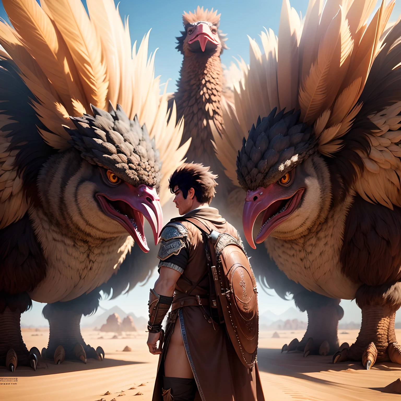 超A high resolution、An ultra-high picture quality、8K、Detailed details、marvelous expression、1 male、The big ostrich monster is your buddy、Monster Hunter Character Costumes、Has a big ax、Vast desert background、