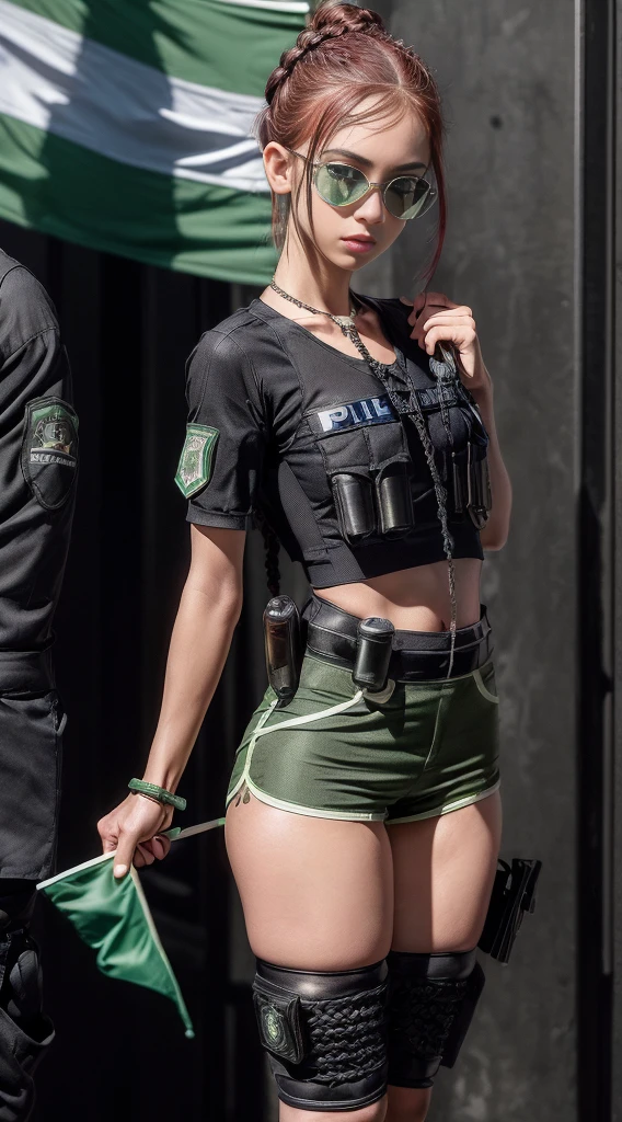 (8K, Masterpiece, RAW photo, Best quality, detail:1.3), (ultra realistic:1.4, scenary, 8K), Depth of field, Cinematic light, (ultra realistic face), (1 solo girl), (Beautiful and elegant Russian girl),  (skinny girl:1.4), (European face:1.3), (full body:1.3), (tight black minitop:1.3), (small necklace, collarbone:1.1), (braided bun redhair:1.3), (ultra detailed skin:1.3), (tight gloves), (tight skinny minishorts:1.5),  (black minishorts), (soft fabric minishorts), (police officer girl:1.6), (girl with transparent glasses and book:1.2), (tactical boots:1.3), (tactical outfit with mini Mexican flag design:1.5)
