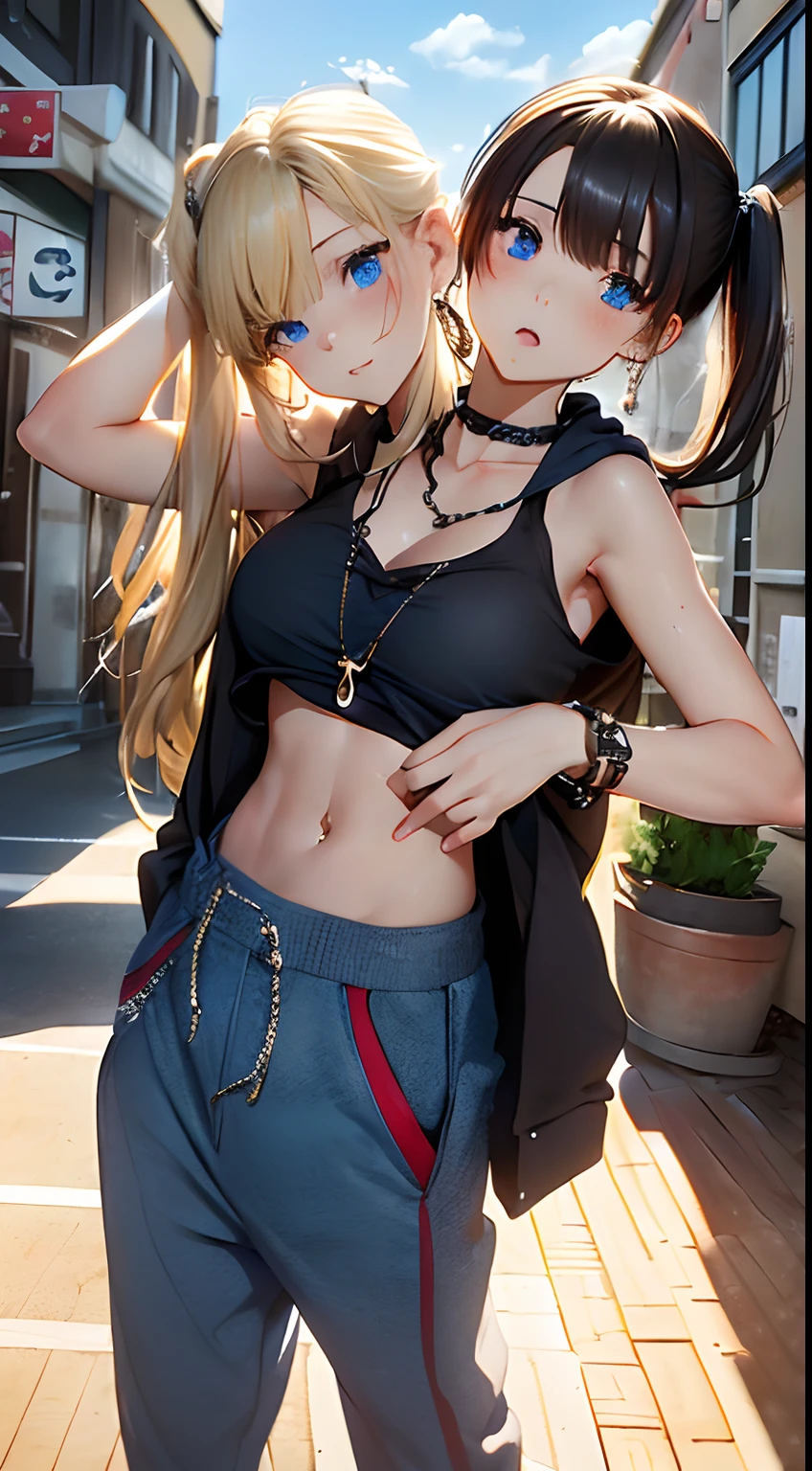 (masterpiece, best quality), best resolution, (2heads:1.5), 1girl, two-headed girl with((18year old, two heads, tattered clothing, Black tank top, Black short-sleeved hoodie, White pants, Best Bust, Bust 85、a blond, disheveled ponytail Blue eyes, open chest wide, Happiness, Sweating, Chain Accessories, During the dance、お腹に♡のペイント))hiquality, visualart,