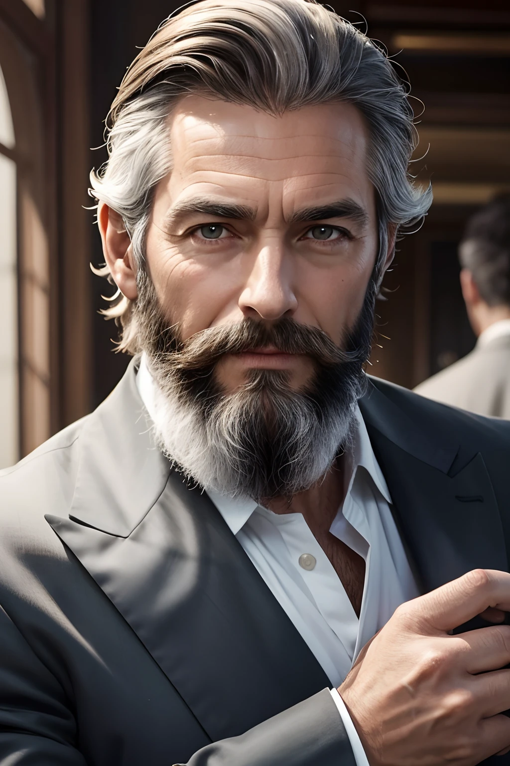 Realstic , Magnifique homme mature en costume classe , 50 ans , Belle barbe courte , coupe de cheveux courte et moderne , Salt and pepper hair colour , Executive Sexy Man, Terno donc, Front camera focus, Mode portrait, perfectly straight in front of the camera , perfectly straight in front of the camera , 8k resolution, Best quality,Very meticulous,ultra high quality