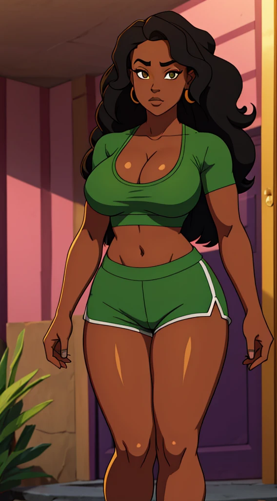 Nerd black girl with cleavage and confident and humble appearance. wearing a crop top with her midriff exposed and tight, tight shorts. Her body is perfect, her breasts are large and proportionate to her body, her legs are shapely and her buttocks are large and exposed. Colorful curly hair with a natural fit. Vibrant golden-eyed environment of a humble home in Brazil in ultra-quality 3D format