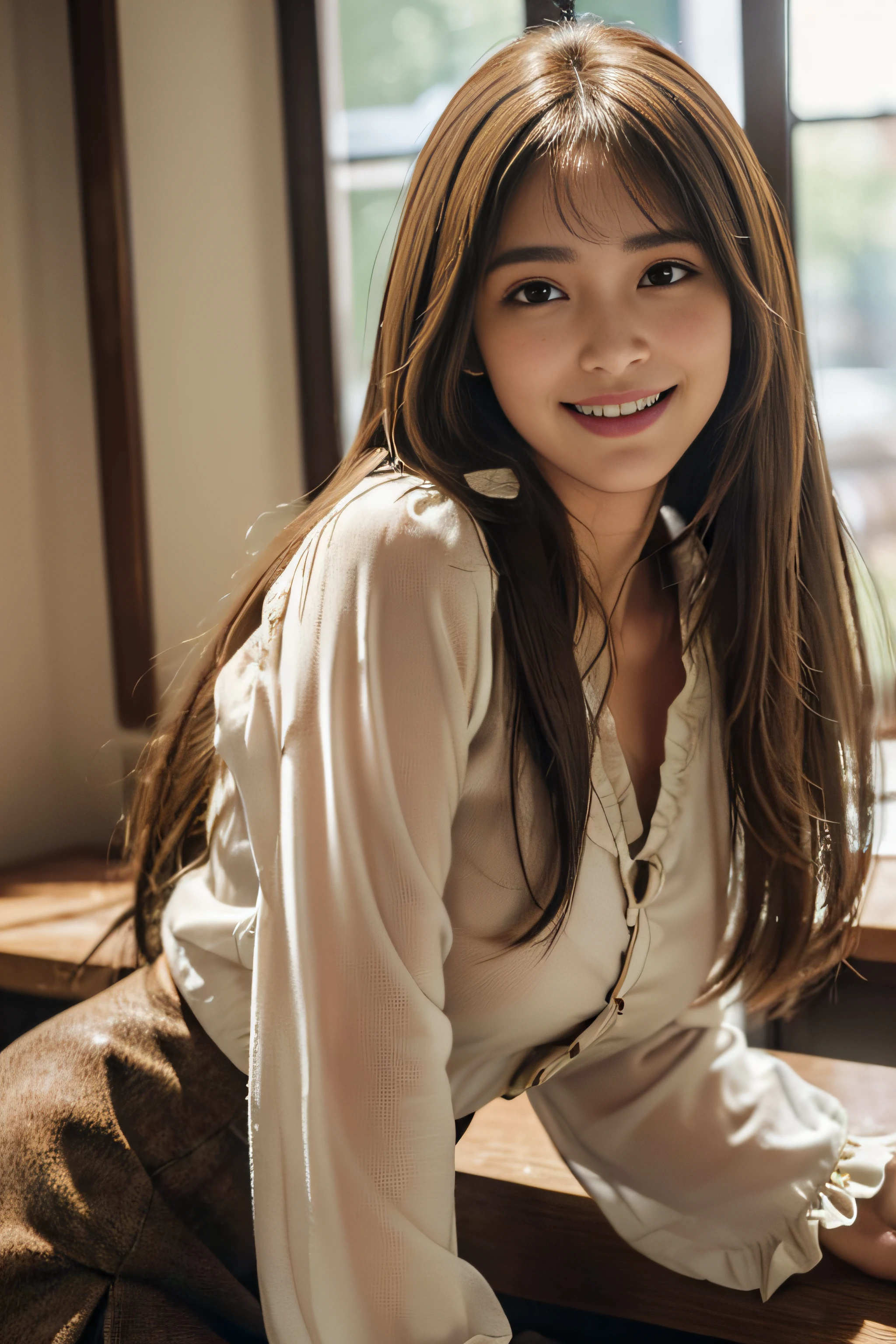 ((Beautiful girl from Japan:1.3))((校服:1.4))((pantyshot:1.5))((Park)),((Brown tweed skirt:1.3)) ((Brown long-sleeved blouse:1.2)),((The sleeves of the blouse are see-through and the cuffs are ruffled:1.4))((In a crowded café at dusk:1.3)) ((Thin_textile:1.4)) ((Random sexy poses:1.3)) ((full of sweat:1.5))((Blushing face:1.4)) ((Large breasts same as:1.1)) ((close-up:1.2)) Best Quality,masutepiece,超A high resolution,(Photorealistic:1.4),Raw foto,(Authentic skin texture:1.3),(Film grain:1.3),the panorama,Character Portrait,Very Wide Shot,big breasts thin waist,Cowboy Shots,(Darkin, deepshadow, lowkey, cold light,) natta,(()),Streaming Tears,,Dust,Tindall Effect,(expressions),1girl in,beautiful detailed eyes and face,White Jabot,Brown eyes,((Brown-colored super long hair:1.4)) ((FULL BODYSHOT:1.5)) ((Smile:1.3)),(((Nice)))