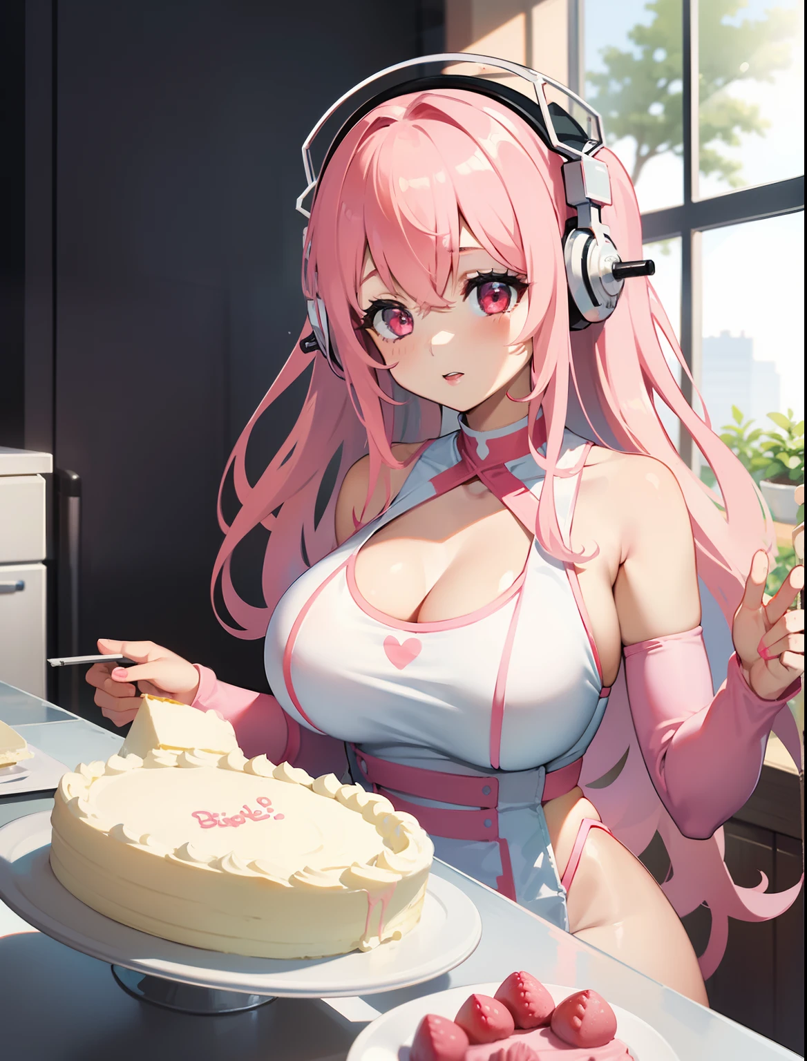 (1girl), Super Sonico enjoying baking cakes in the kitchen with pink and white walls, with her red eyes shining and headphones on, decorating cakes in a tight bodysuit with blue and white colors, exposing cleavage, white high highs, big breasts, 1girl, solo, masterpiece, high quality