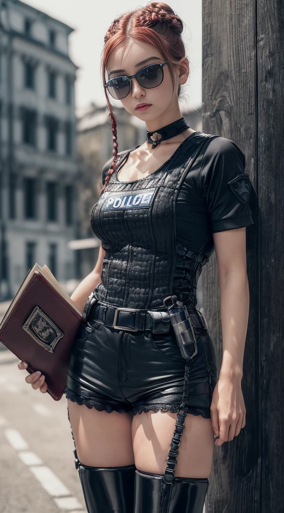 (8K, Masterpiece, RAW photo, Best quality, detail:1.3), (ultra realistic:1.4, scenary, 8K), Depth of field, Cinematic light, (ultra realistic face), (1 solo girl), (Beautiful and elegant Russian girl), (skinny girl:1.4), (European face:1.3), (full body:1.3), (tight black minitop:1.3), (small necklace, collarbone:1.1), (braided bun redhair:1.3), (ultra detailed skin:1.3), (tight gloves), (tight skinny minishorts:1.5), (black minishorts), (soft fabric minishorts), (police officer girl:1.6), (girl with transparent glasses and book:1.2), (tactical boots:1.3), (strip body harness)