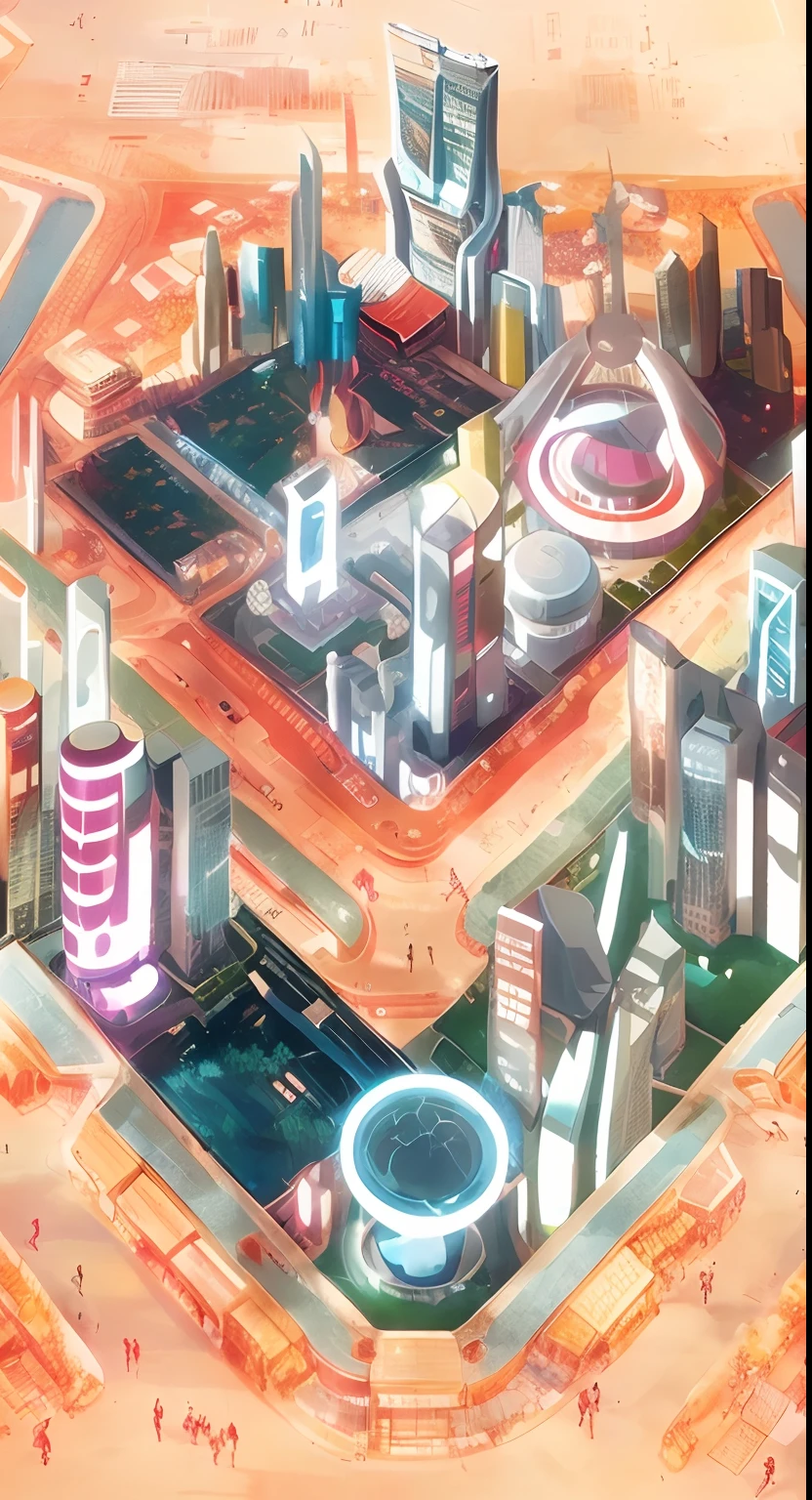 An illustration of a city with a lot of buildings and a lot of people, isometric futuristic game, isometric 8k, isometric game art, incredible isometric screenshot, metaverse concept art, isometric illustration fun, Futuristic city, Tokyo City equidistant, colorful dystopian futurism, The future city, futuristic urban background, rivers. space colony