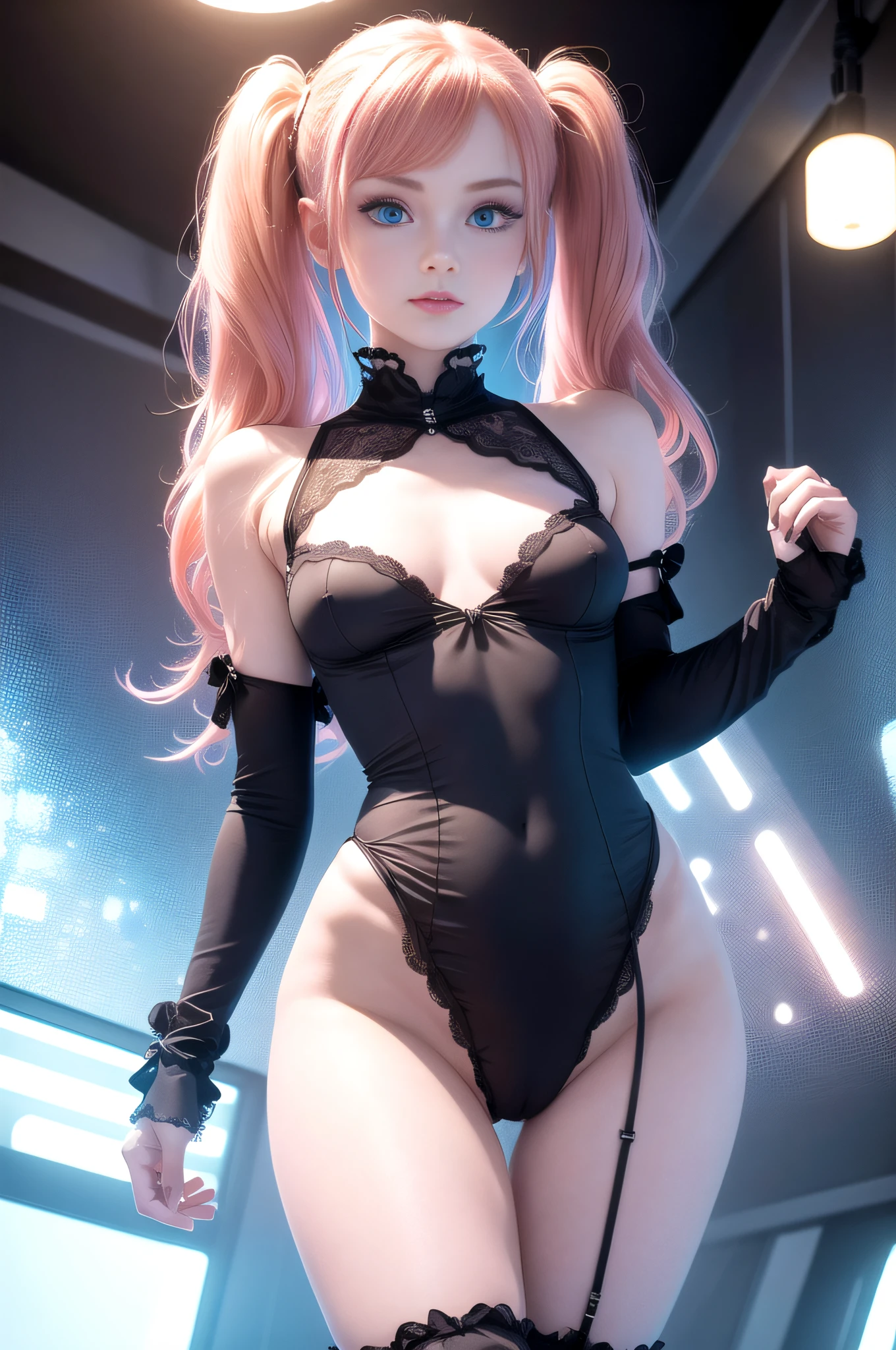 1 girl, solo, (nsfw), cute redhead 18-year-old girl in twin tails, ((perfect female body)), (perfect textured skin) multiple (rainbow colored hair: 1.2), ((beautiful detailed blue eyes: 1.6)), (photo realistic eyes: 1.6), happy, smiling, cute attitude, Ukrainian, (petite body), ((small hips)), (cowboy shot:1.2), (goth white pale skin: 1.2), wearing a pastel blue nightgown, frilly night dress, Waiting to go to bed, frilly panties and bra, ((sheer: 1.6)) ((camel toe: 1.6)), frilly, matte pantyhose, night time, standing in a space ship, she is a space ship mechanic, futuristic, dark lighting, neon lighting, cyber punk, photo realistic.