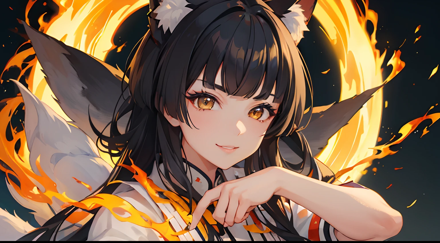 masterpiece, best quality, 1girl, black hair, ,yellow eyes, kitsune, fox ears, matsuri, fire, smiling, detailed eyes, detailed facial features, realistic and high resolution (best quality, 4k, 8k, highres, masterpiece:1.2)