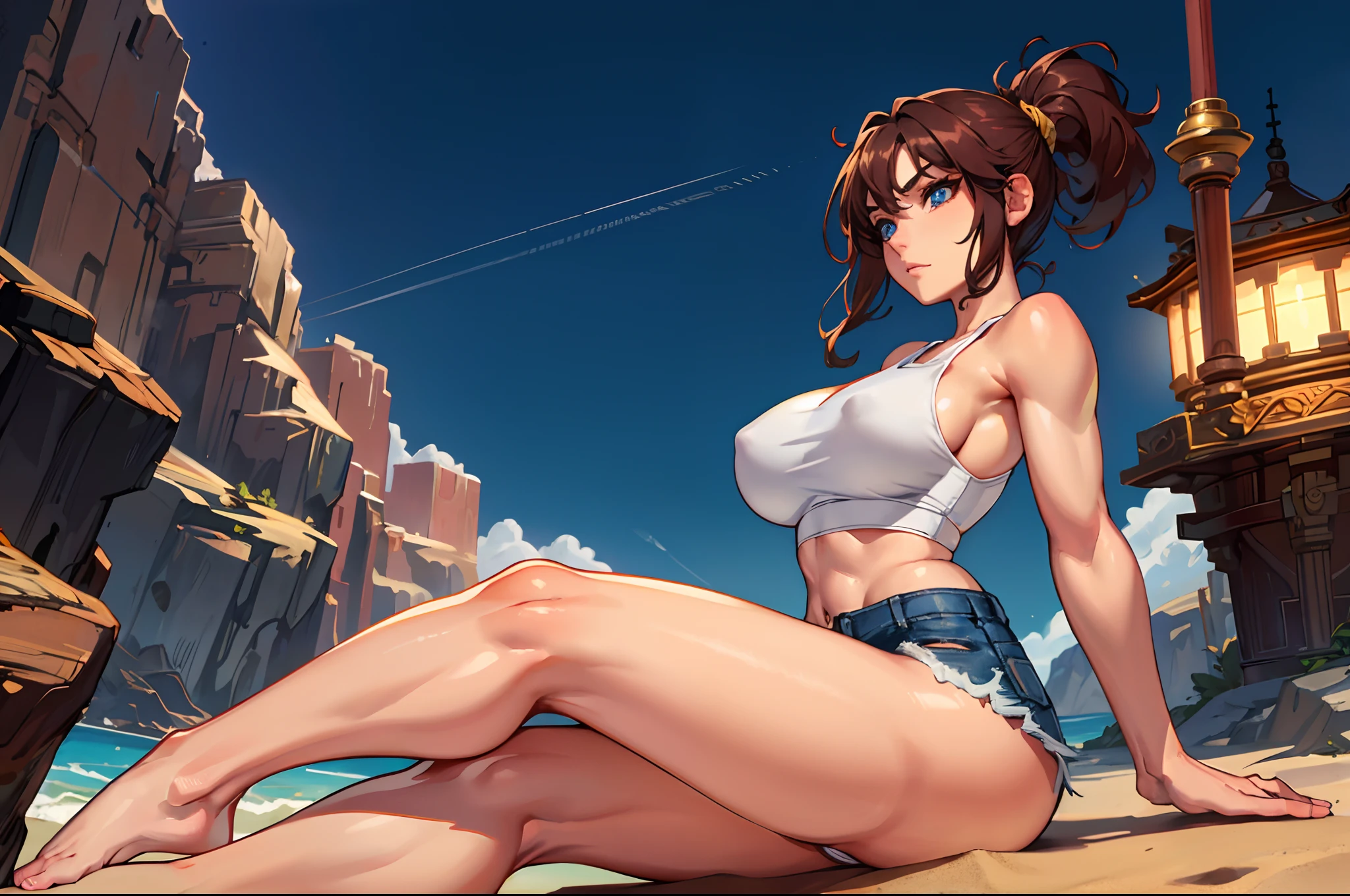 Beautiful fece, (​masterpiece:1.2), (top-quality:1.2), perfect  eyes, face perfect, Perfect litthing, 独奏, frontage, sitting on, large full breasts,  Front, Tank tops, Big ass, wide waist, cut-off, denim,Microdenim, white  panties, micro shorts, thighs thighs thighs thighs, Open legs, Looking Forward, From the bottom, Brown, Long ponytail, simple background, sand beach, shores, arm at side